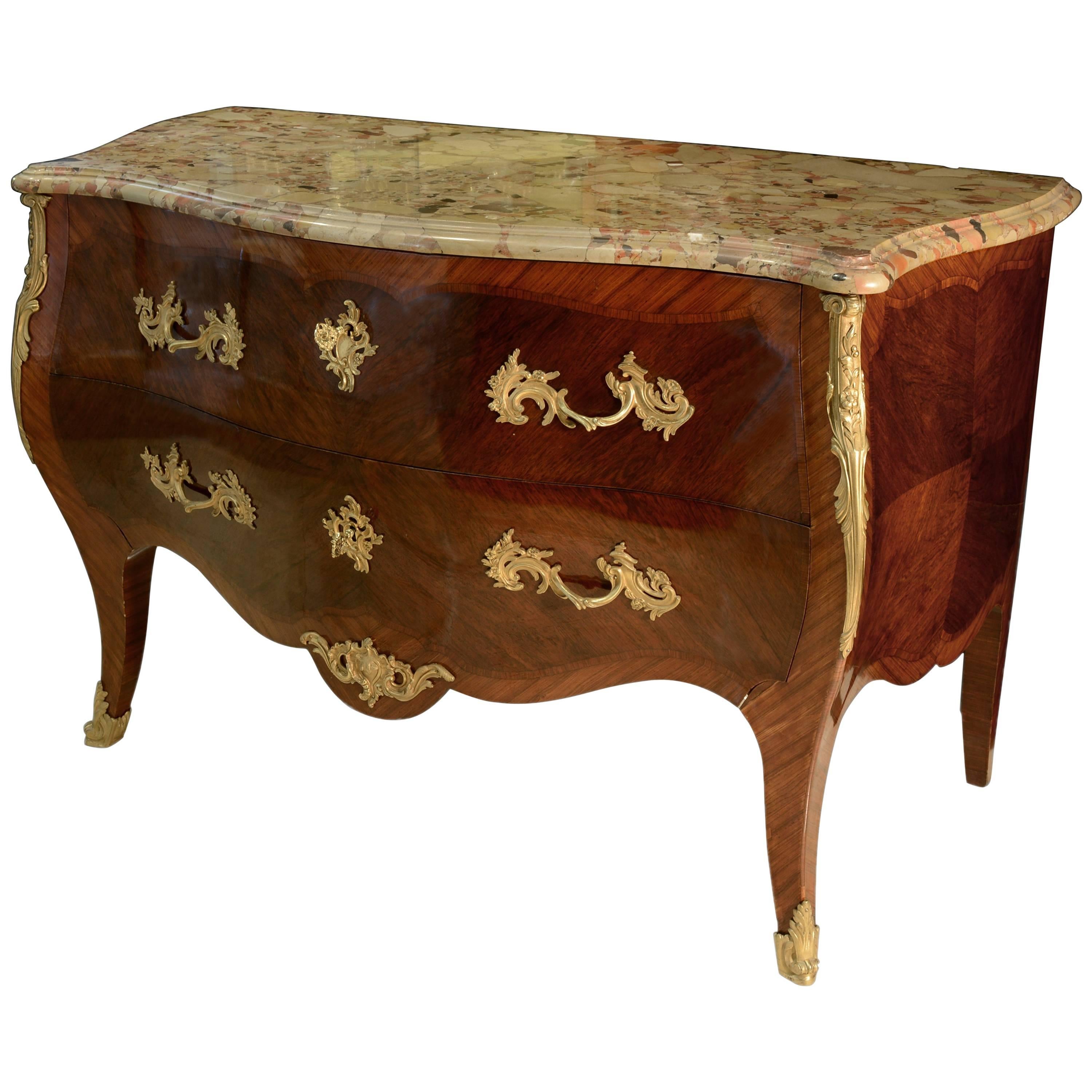 Commode a bombe, stile Luigi XV, marmo, intarsio, inizio XX secolo