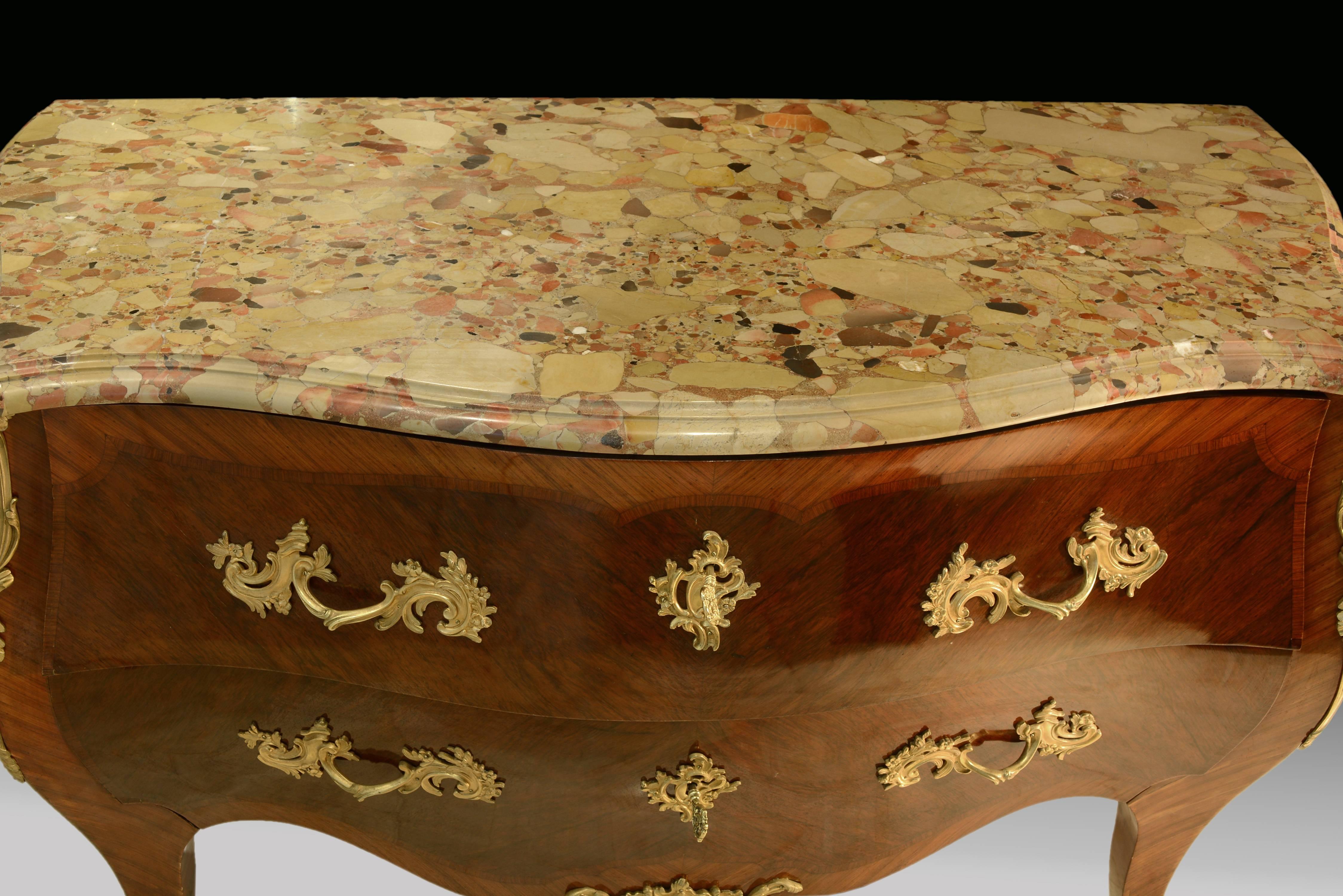 French Bombe Commode, Louis XV Style, Marble, Marquetry, Beginning 20th Century