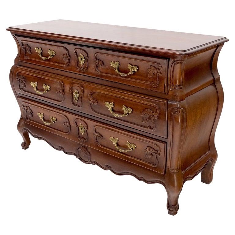 Bombe Country French Carved Cherry 3 Drawer Dresser Brass Hardware