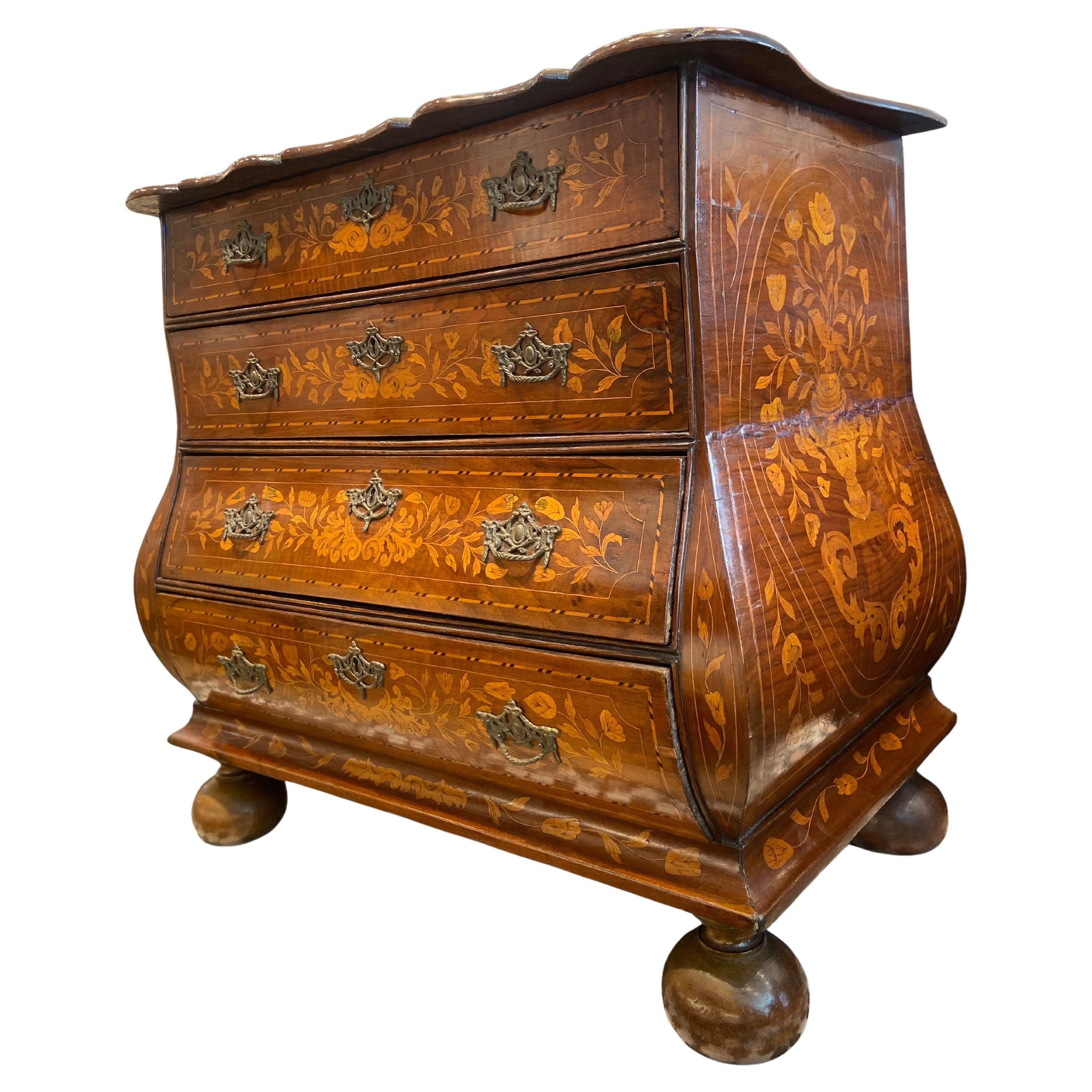 Bombe Dutch Antique Marquetry Chest Of Drawers With Floral Motif