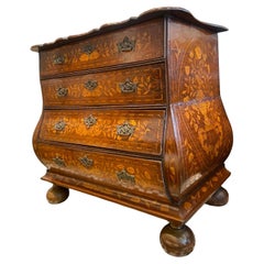 Bombe Dutch Antique Marquetry Chest Of Drawers With Floral Motif