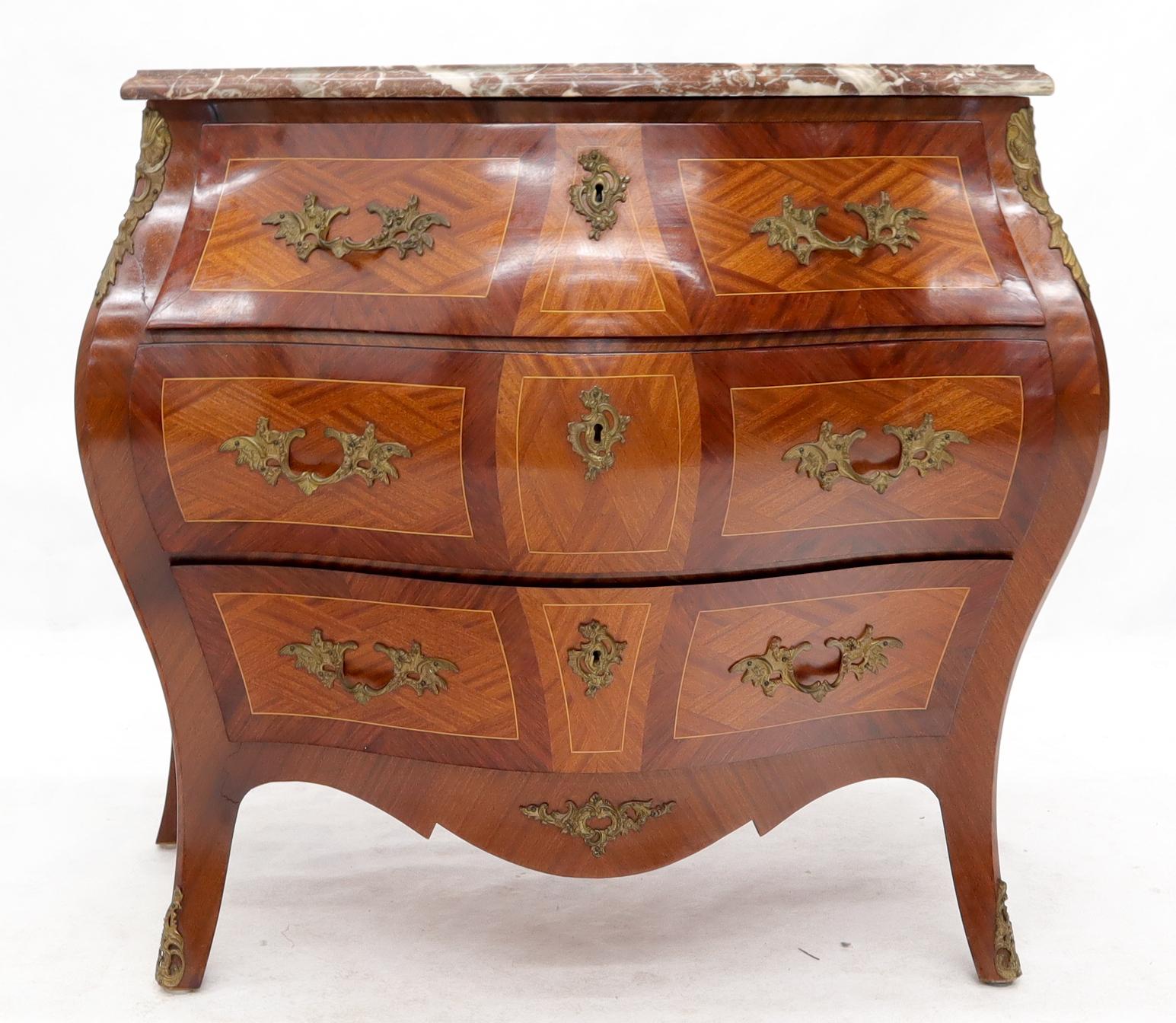 French Provincial Bombe French Marble-Top Bronze Ormolu Louis XV Style 3 Drawers Dresser Commode For Sale