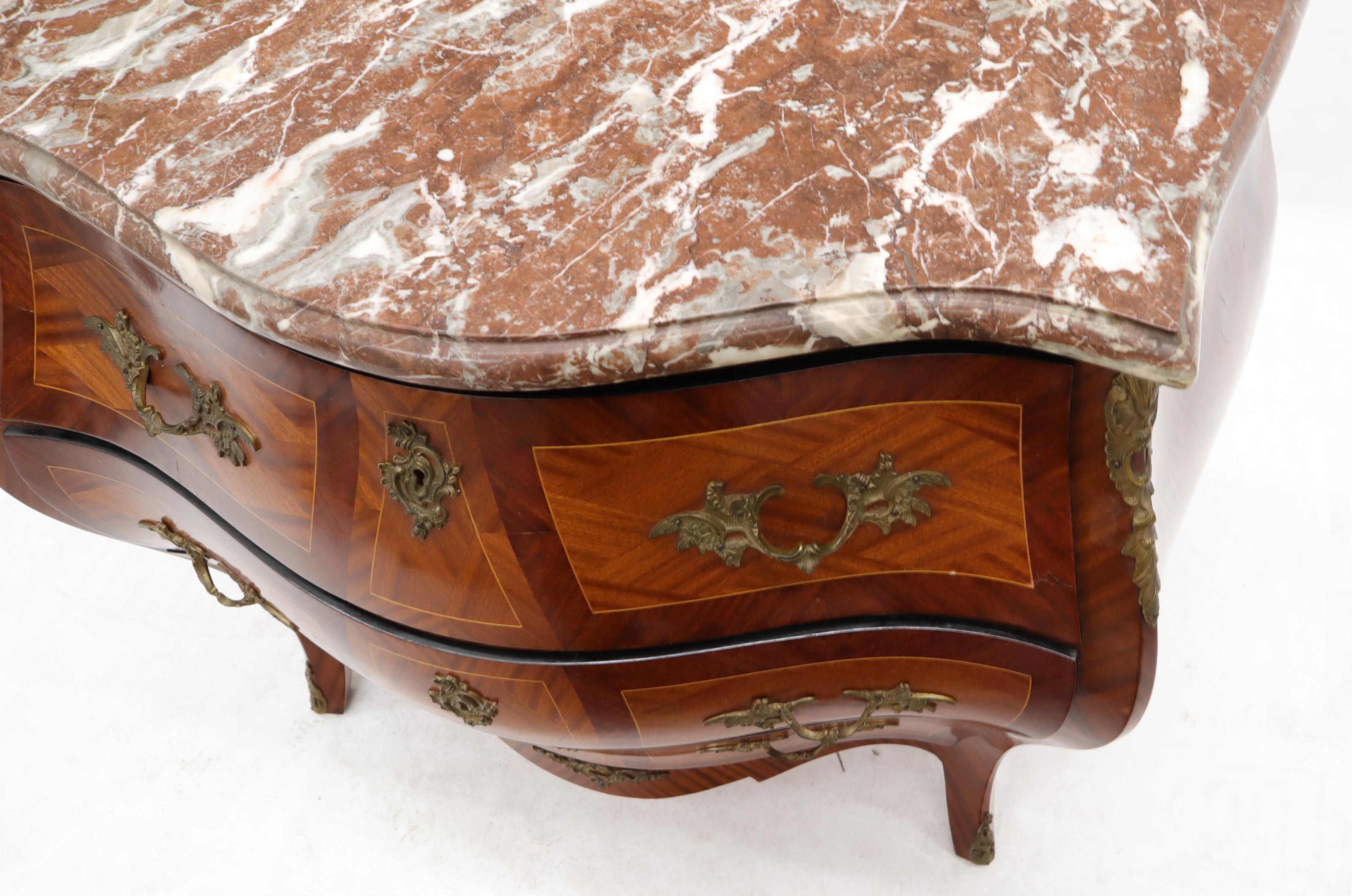 Inlay Bombe French Marble-Top Bronze Ormolu Louis XV Style 3 Drawers Dresser Commode For Sale