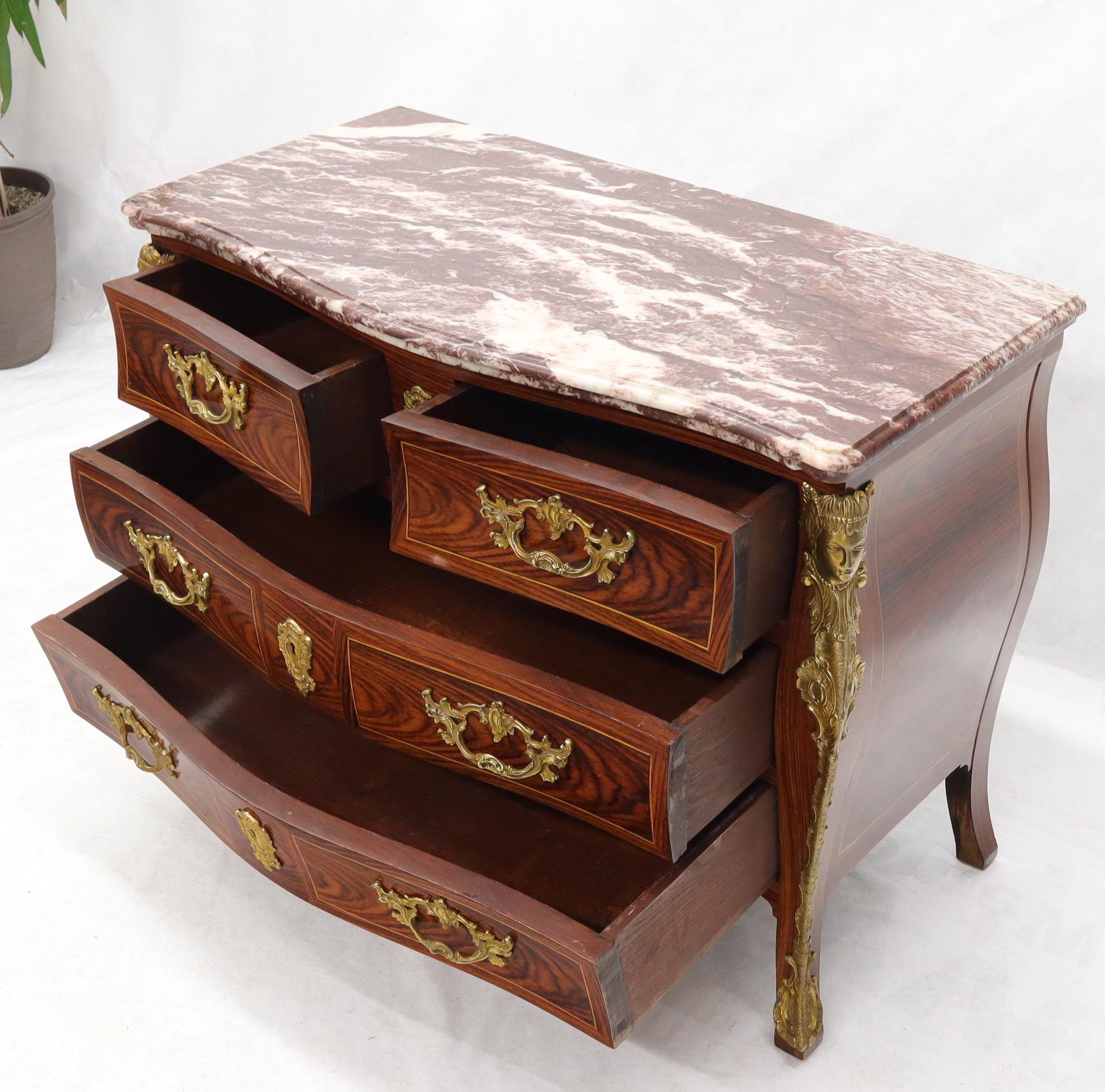 Bombe French Marble Top Bronze Ormolu Louis XV Style 4 Drawers Dresser Commode For Sale 3