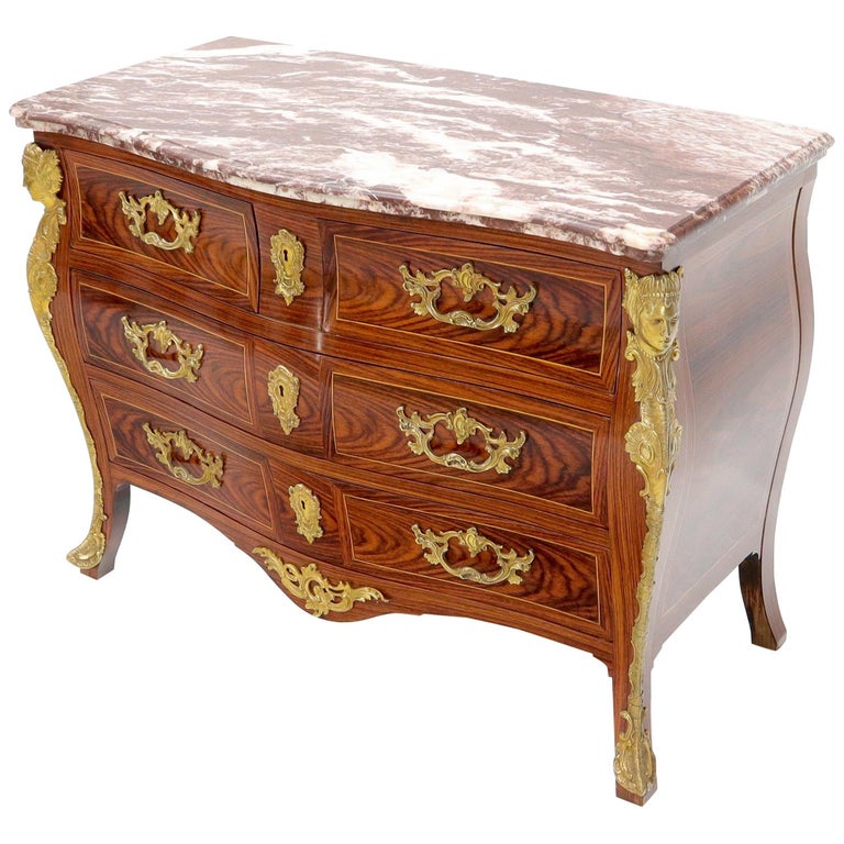 Bombe French Marble Top Bronze Ormolu Louis XV Style 4 Drawers Dresser