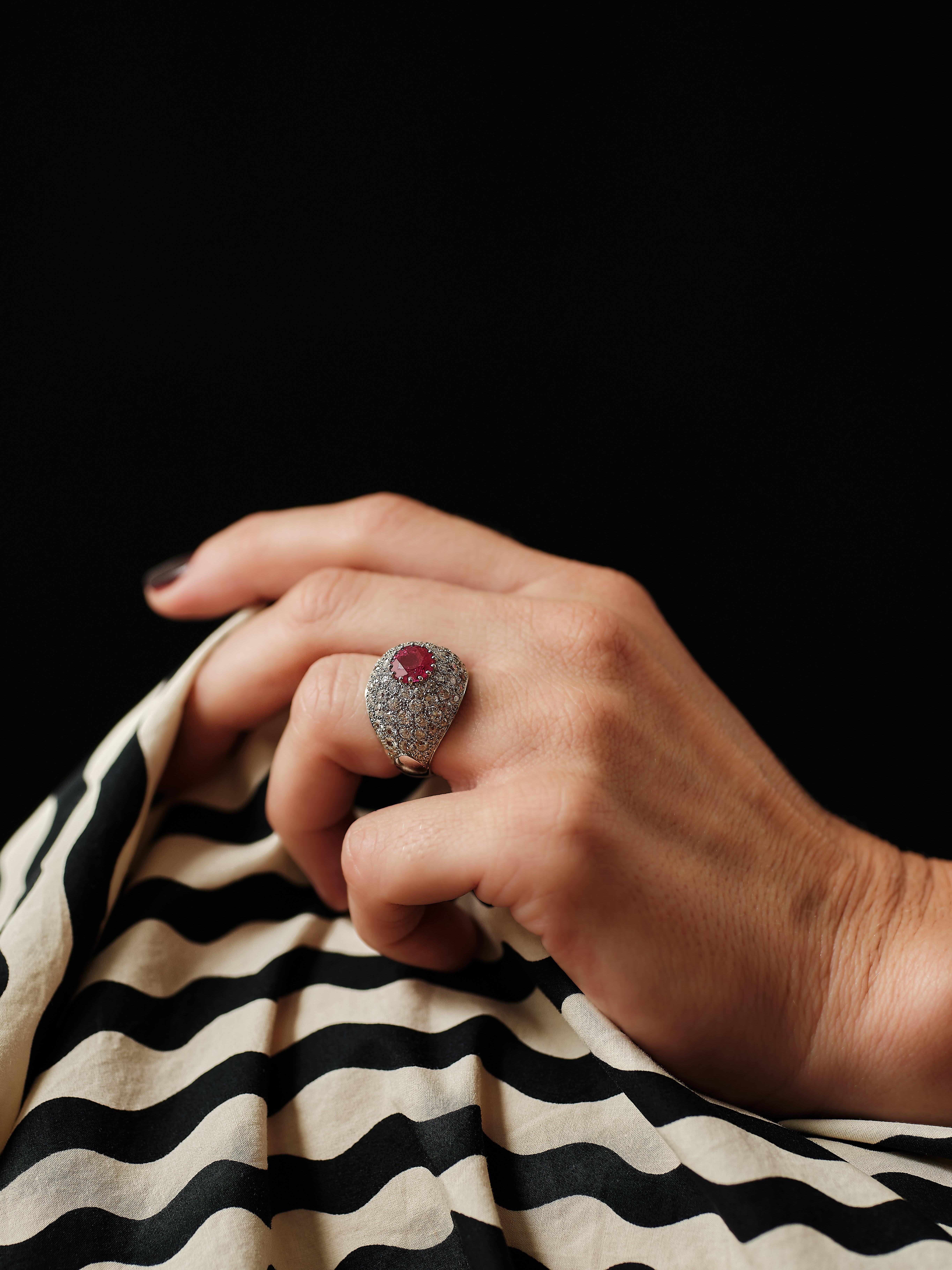 Retro 1.90ct Ruby and 2.95ct Diamond Bombé Ring by CF Carlman, Stockholm, 1971 For Sale