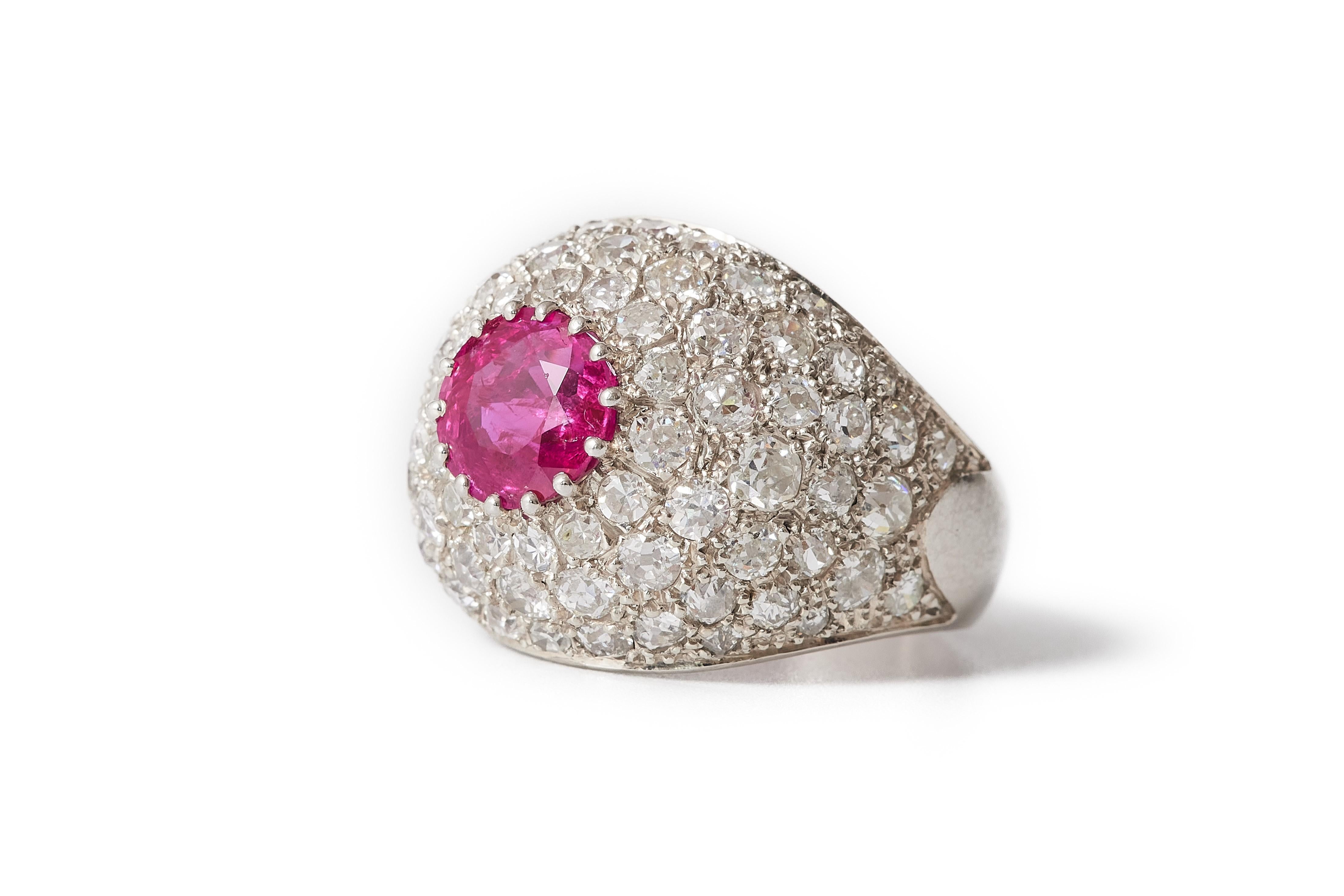 Women's or Men's 1.90ct Ruby and 2.95ct Diamond Bombé Ring by CF Carlman, Stockholm, 1971 For Sale