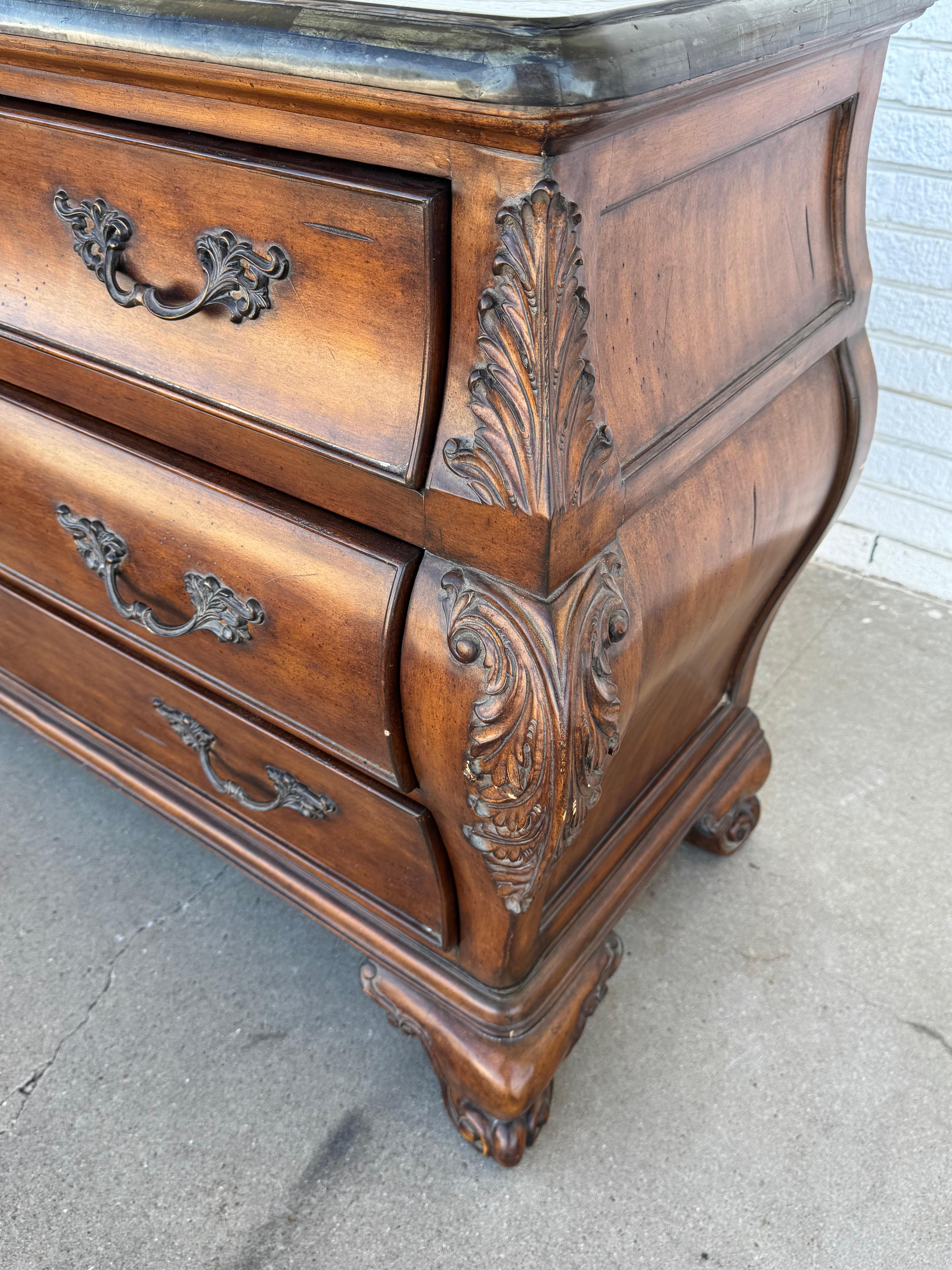 Louis XV Bombe Style Walnut Chest with Pine Green Checkerboard Granite Top For Sale