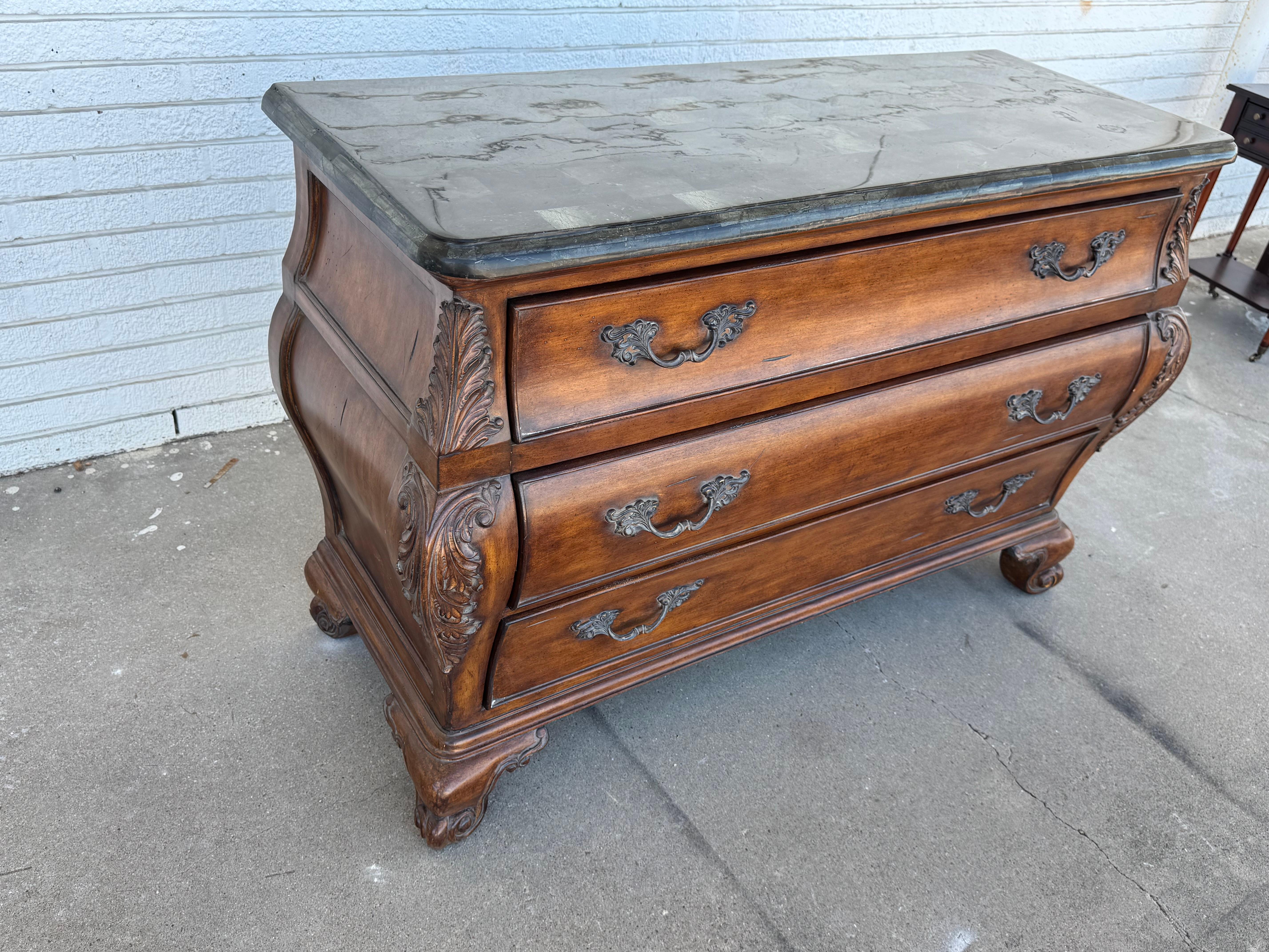 Bombe Style Walnut Chest with Pine Green Checkerboard Granite Top In Good Condition For Sale In Pasadena, TX