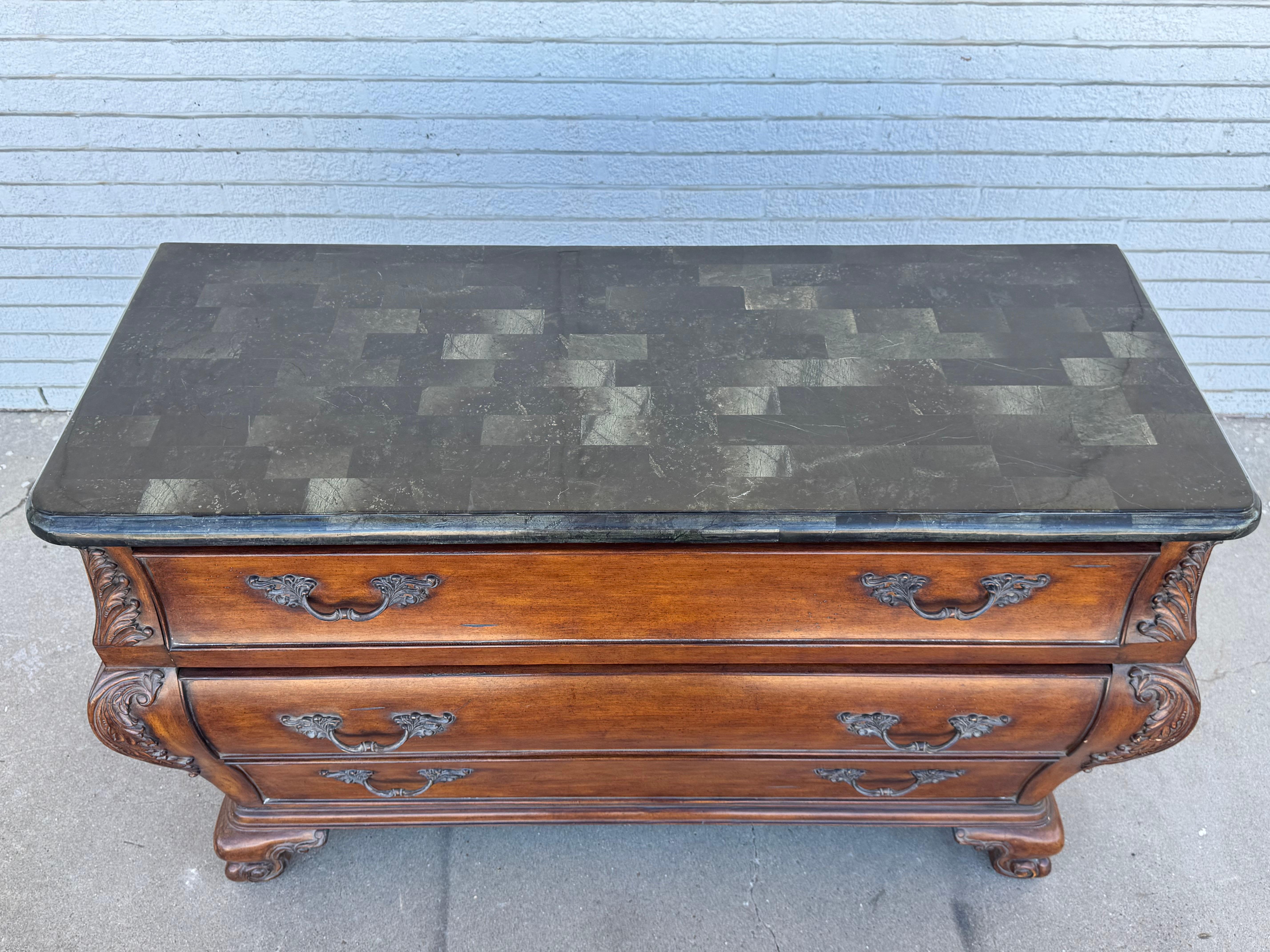 20th Century Bombe Style Walnut Chest with Pine Green Checkerboard Granite Top For Sale