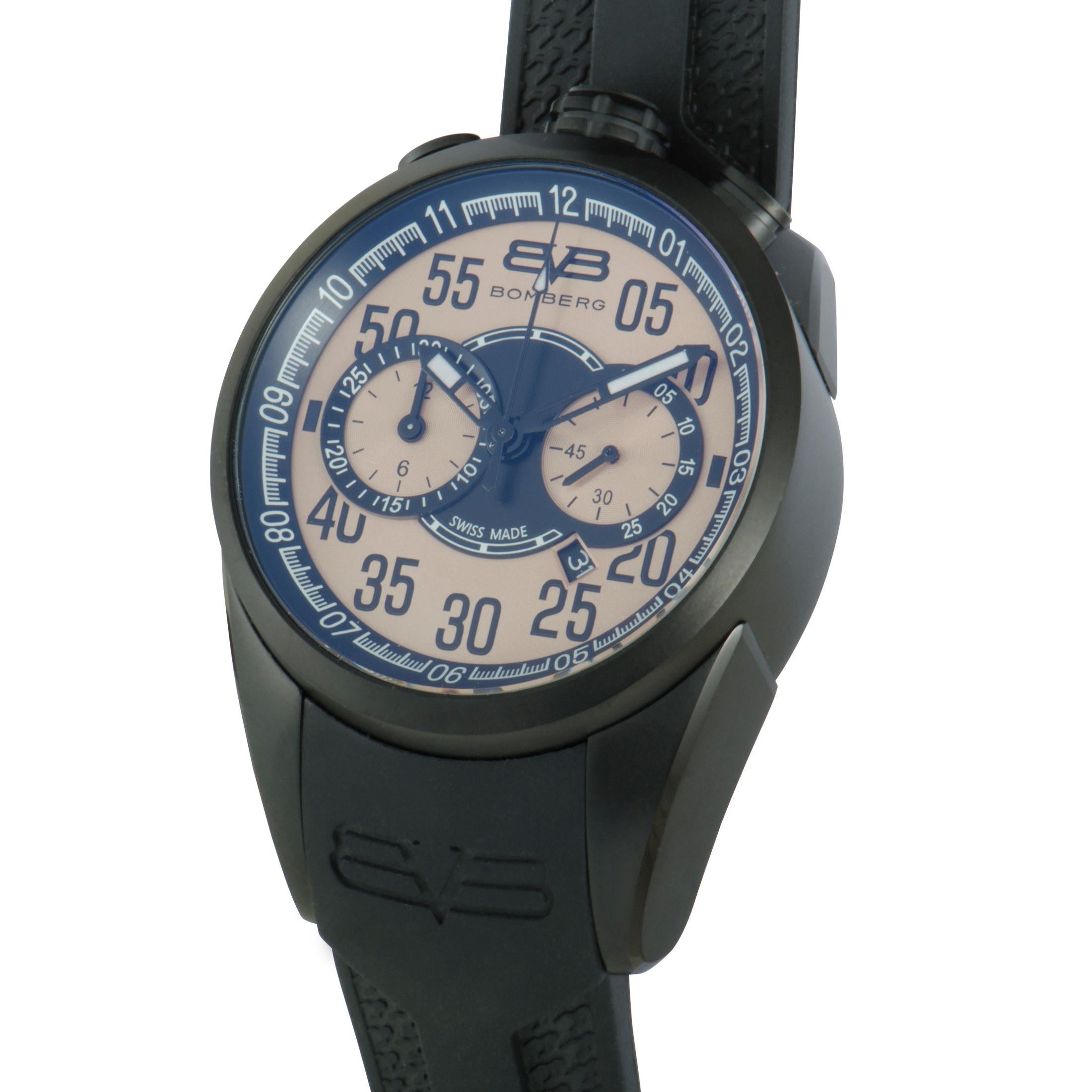 This is the Bomberg 1968, reference number NS44CHPBA.0087.2.

It boasts a 44 mm stainless steel case that is coated in black PVD. Powered by a quartz movement, the watch features the following functions – hours, minutes, chronograph, and date. This
