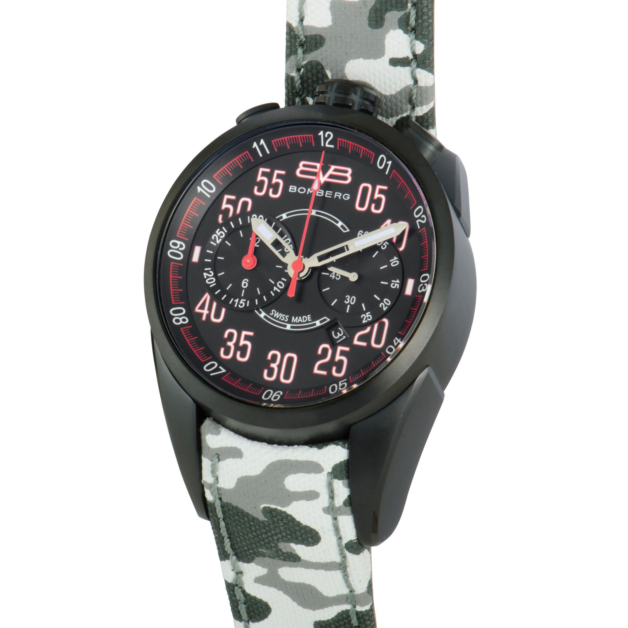 This is the Bomberg 1968, reference number NS44CHPBA.0096.2.

It boasts a 44 mm stainless steel case that is coated in black PVD. Powered by a quartz movement, the watch features the following functions – hours, minutes, chronograph, and date. This