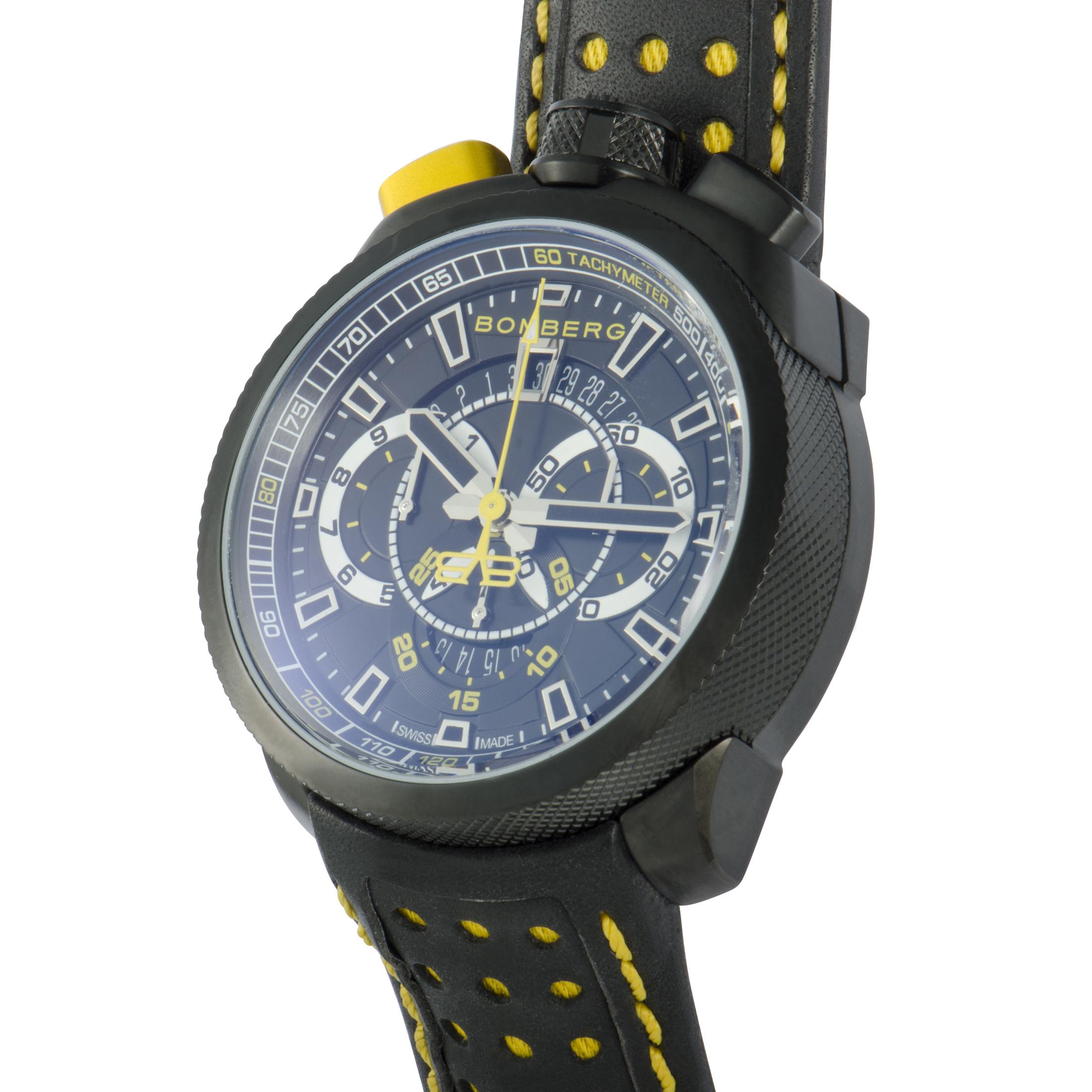 This is the Bomberg Bolt-68, reference number BS45CHPBA.015.3.

It is presented with a 45 mm black PVD-coated stainless steel case that is mounted onto a black leather strap fitted with a tang buckle, but can also be worn on a chain. The watch is