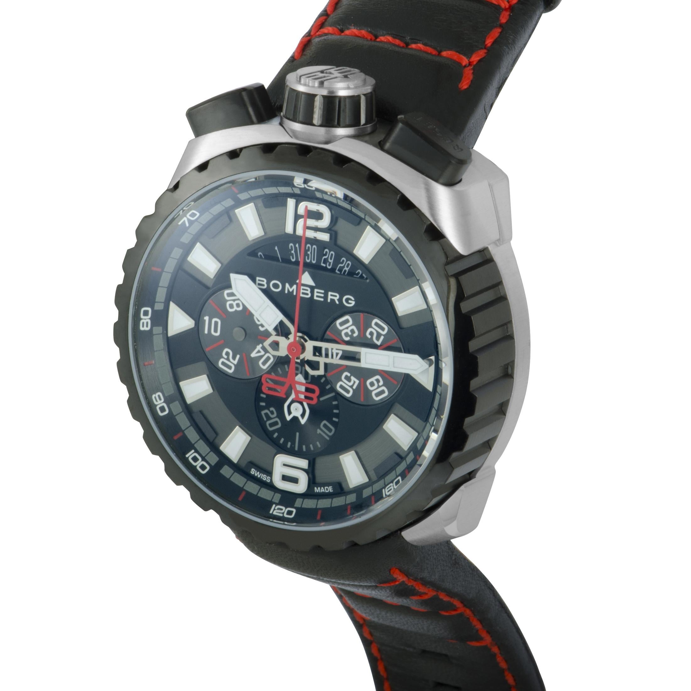 This is the Bomberg Bolt-68, reference number BS45CHSP.050-4.3.

It is presented with a 45 mm stainless steel case that is partially coated in black PVD. The case is mounted onto a black leather strap fitted with a tang buckle, but can also be worn