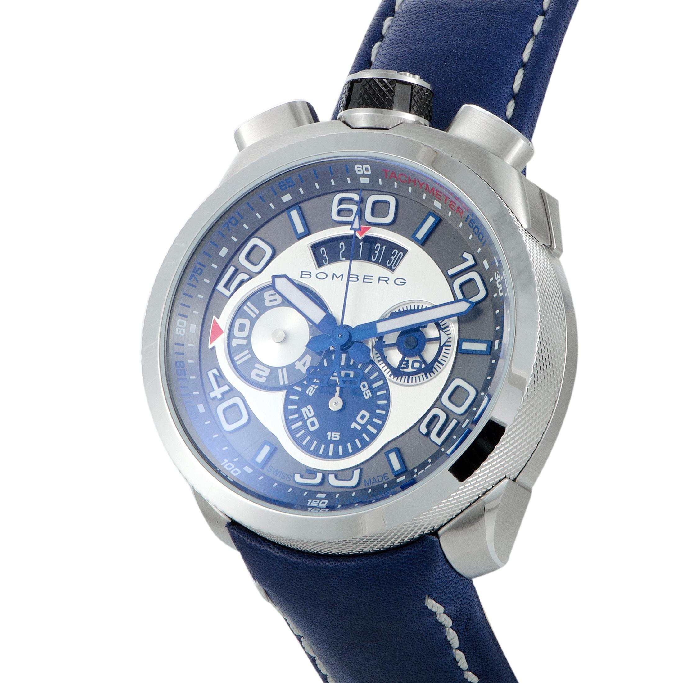 This is the Bomberg Bolt-68, reference number BS45CHSS.007.3.

It is presented with a 45 mm stainless steel case that is mounted onto a blue leather strap fitted with a tang buckle, but can also be worn on a chain. The watch is powered by a quartz