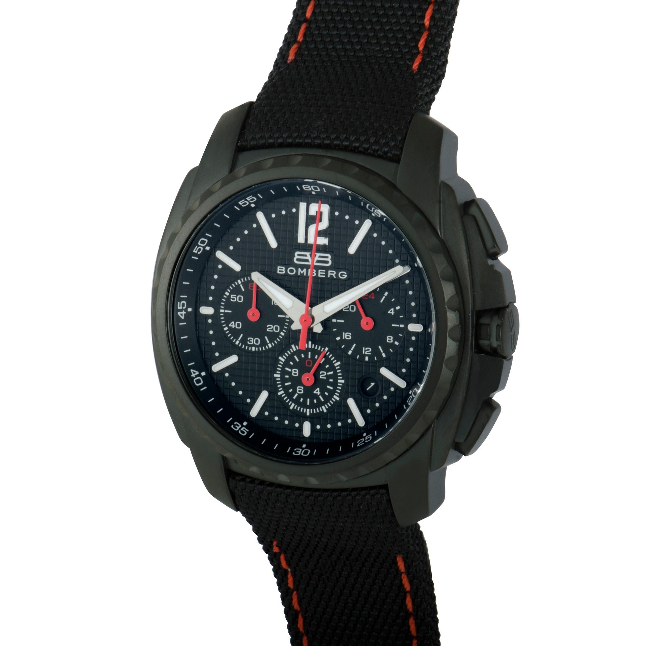 This is the Bomberg Maven, reference number MV39CHPBA.BA0.2.NBA.

The watch is powered by a quartz movement and features the following functions on the black dial: hours, minutes, chronograph, and date. The case of the watch is made of black