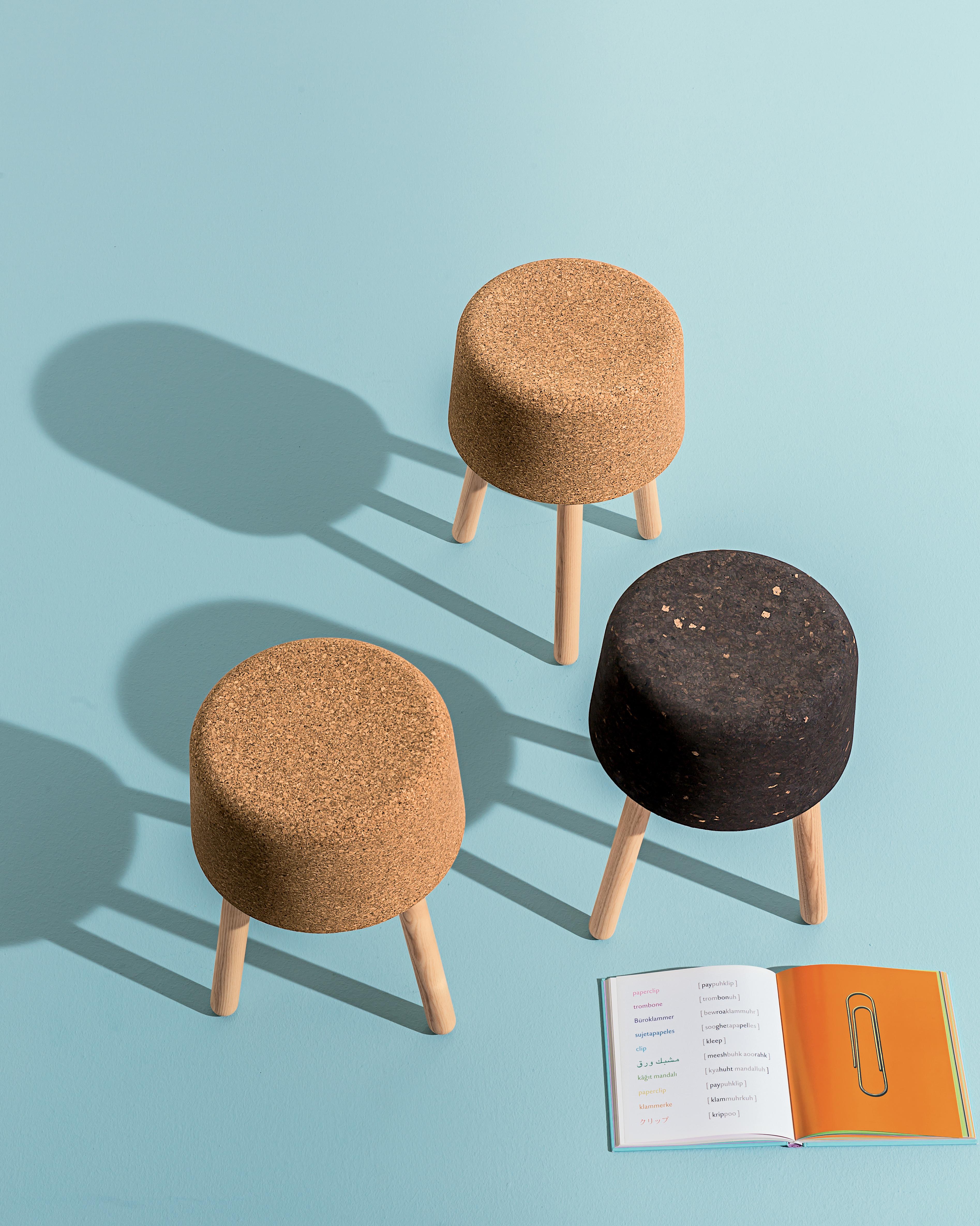Contemporary Bombetta Stool Medium, with Ash Legs and Natural Cork Seat by Discipline Lab For Sale