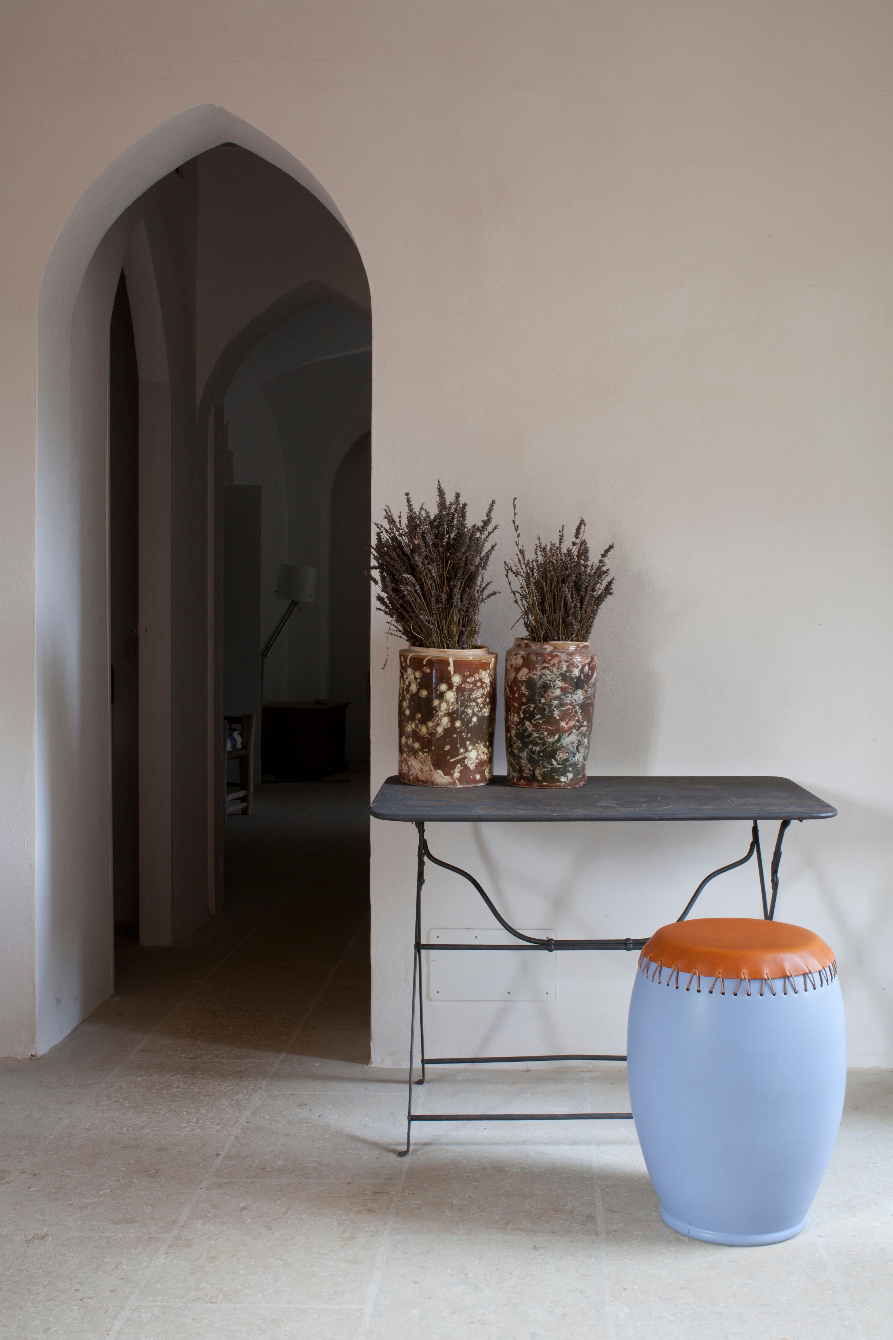 Contemporary Bombo Leather Side Table by Nestor Perkal