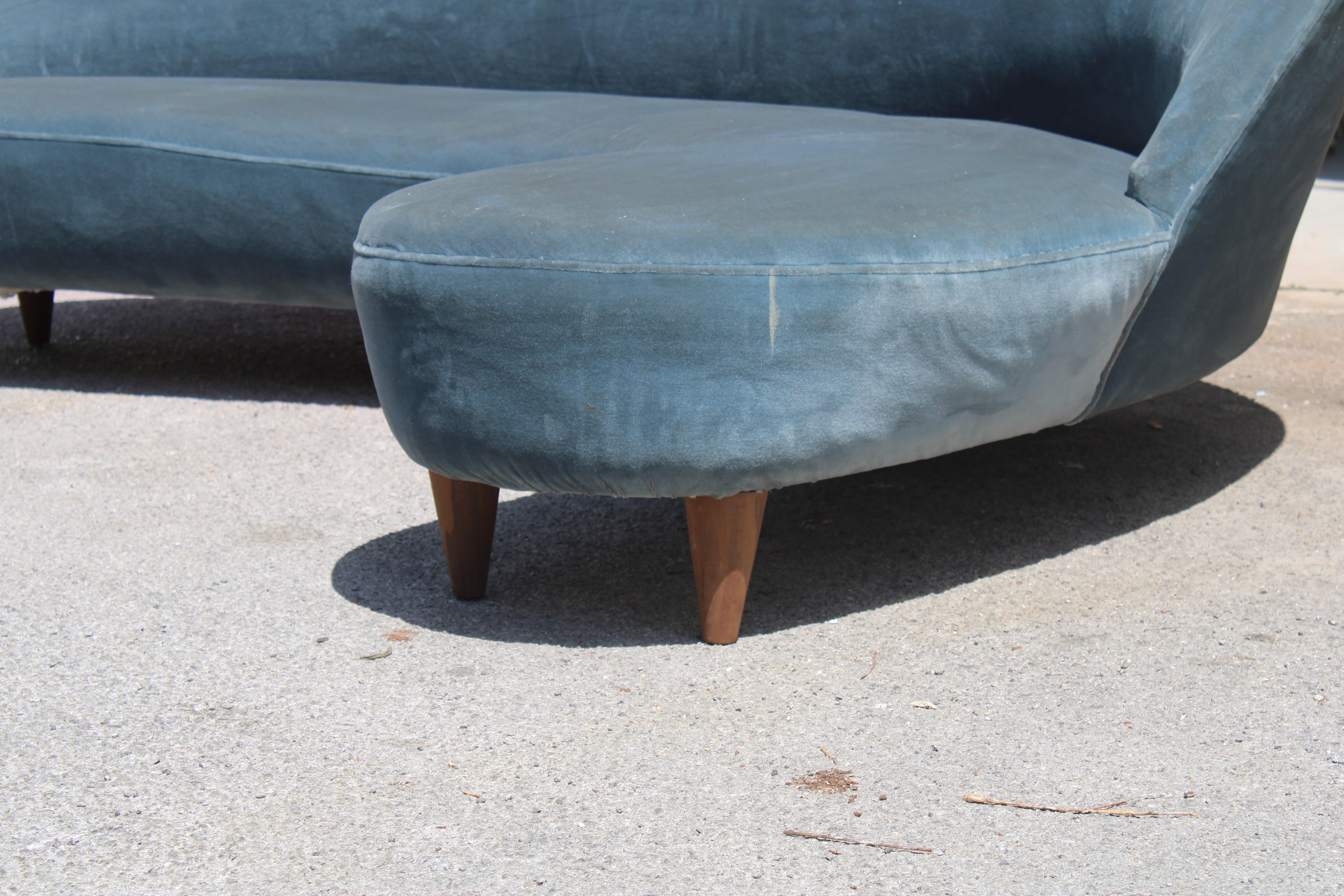 Bomerang Sofà Mid-century Italian Design Cesare Lacca 1950s Blu Velvet en vente 10