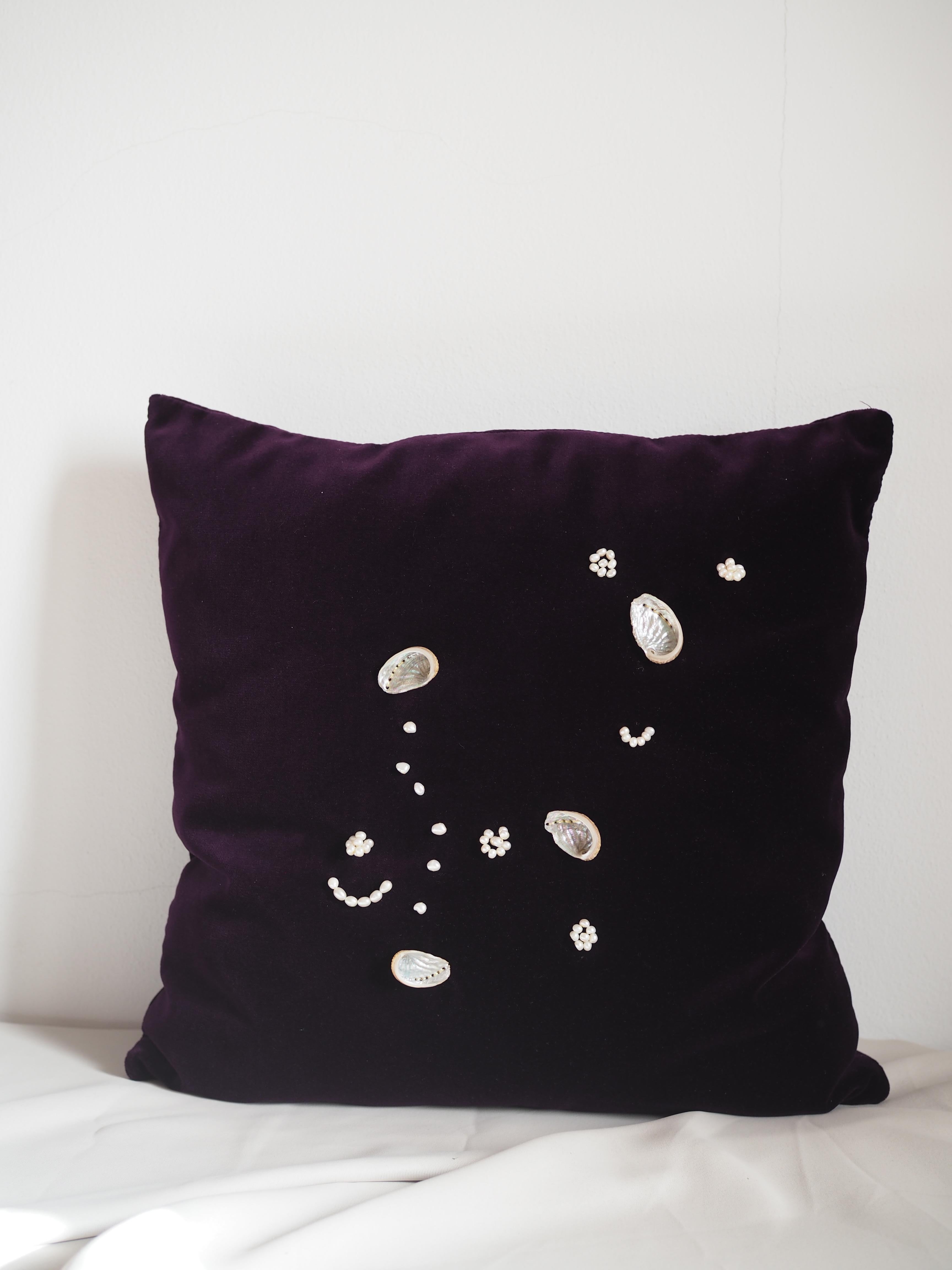 Limited edition embroidered cushion with natural pearls and shells.
Hedonism is the search for pleasure and well-being in any area of our lives, it is the cult of the body, money or carnal pleasure. For me, hedonism is fun, enjoyment, beauty, taking