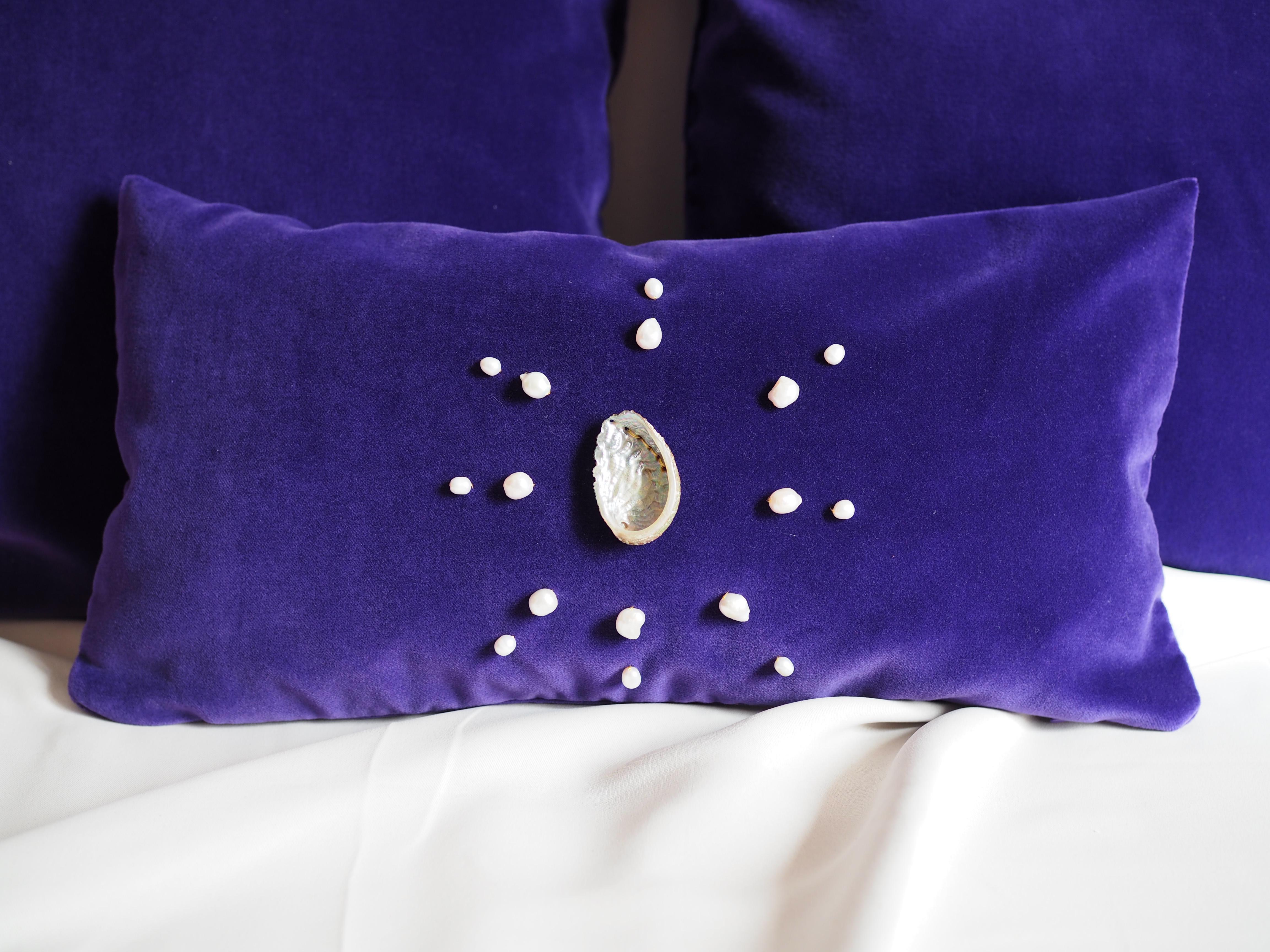Limited edition embroidered cushion with natural pearls and shells.
Hedonism is the search for pleasure and well-being in any area of our lives, it is the cult of the body, money or carnal pleasure. For me, hedonism is fun, enjoyment, beauty, taking