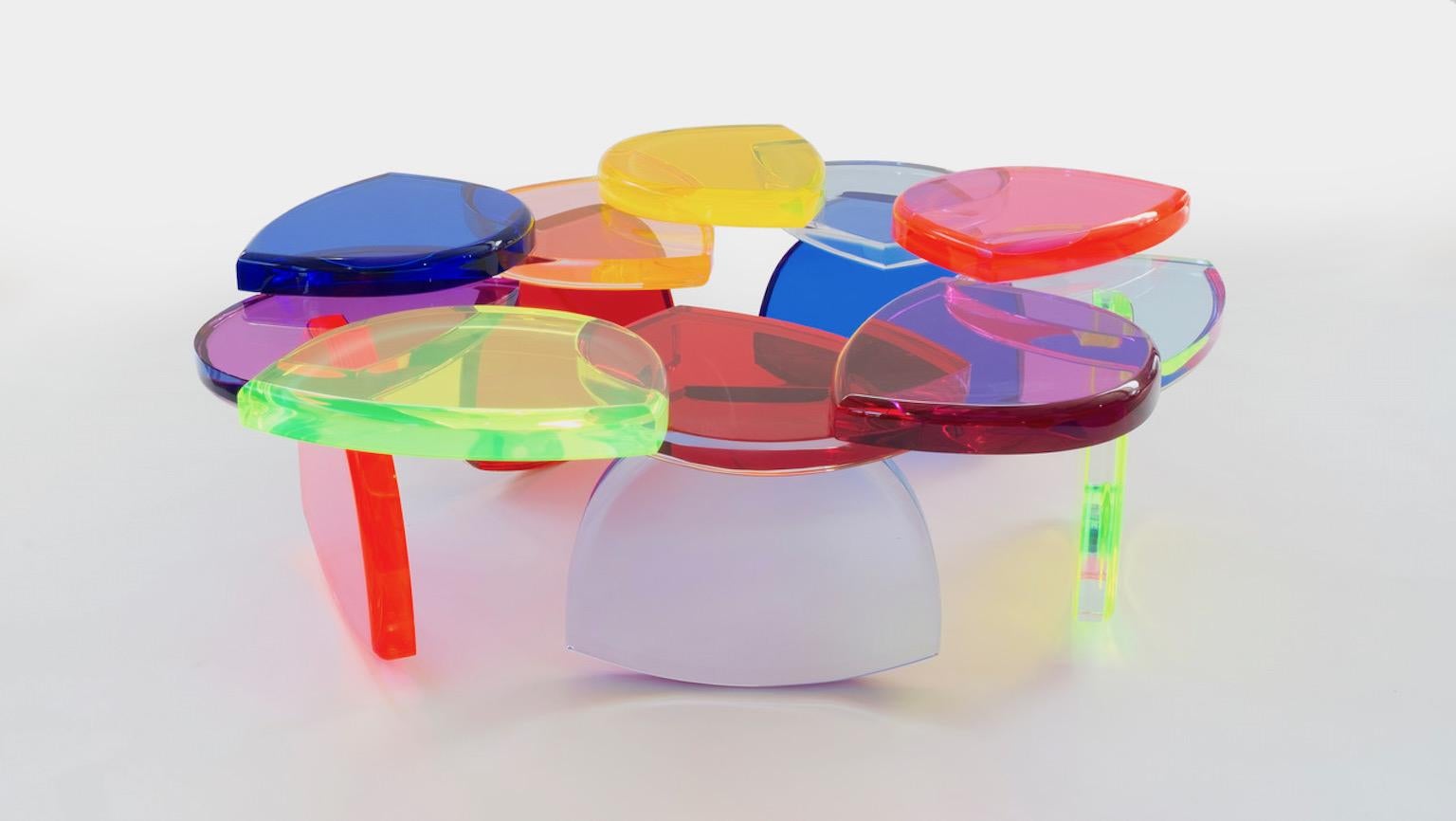 A beautiful coffee table with a structure of colored sequences of plexiglass modules that are repeated by building the shape.
A series of unique pieces designed by Studio Superego with collaboration of Marco Pettinari for Superego Editions.
Each