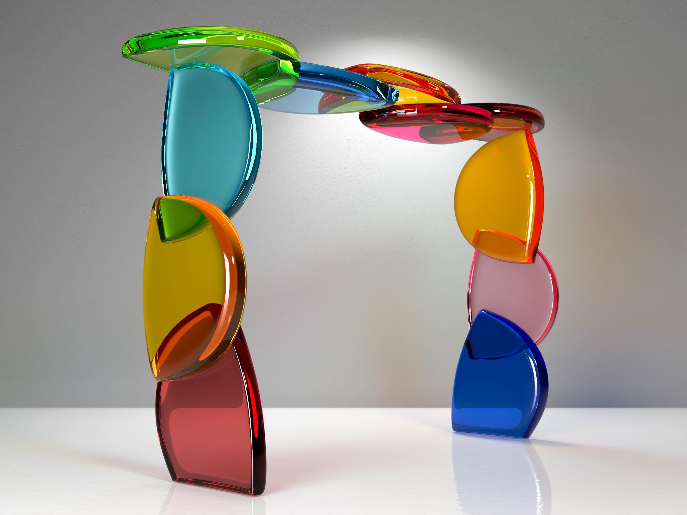 Bon Bon Konsole mit einer Struktur aus farbigen Sequenzen von Plexiglasmodulen, die durch den Aufbau der Form wiederholt werden.
Eine Serie von Einzelstücken, entworfen von Studio Superego in Collaboration mit Marco Pettinari für Superego
