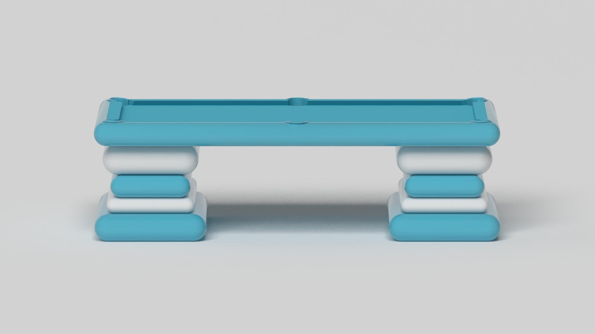 Supported by a series of stacked, pillowy forms as its base, the Bon Bon Pool Table is a masterful display of playful yet sophisticated design. Each layer is individually sculpted to create a smooth, rounded shape, accentuating the table’s bold