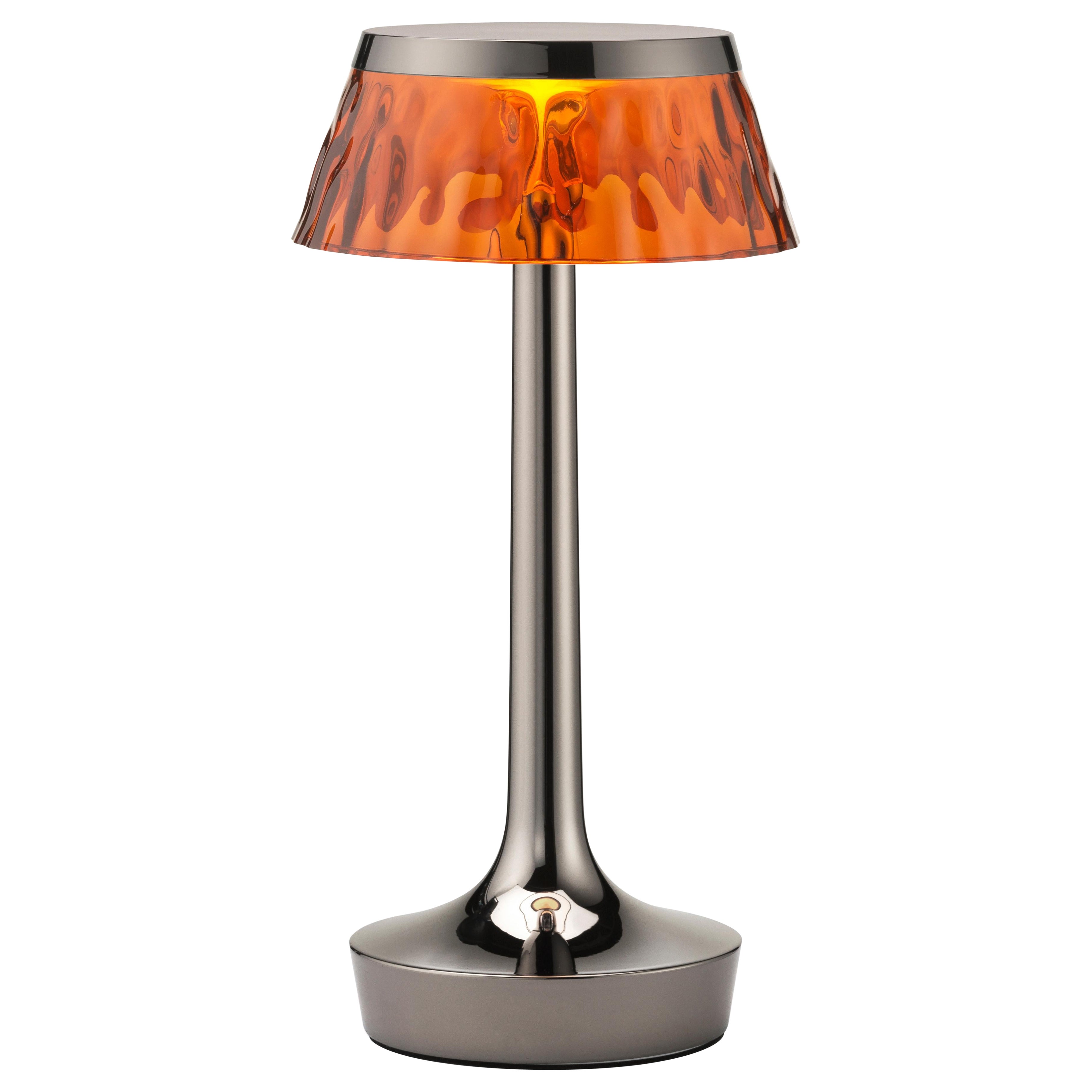 Bon Jour Unplugged Table Lamp in Black Chrome & Crown in Amber For Sale