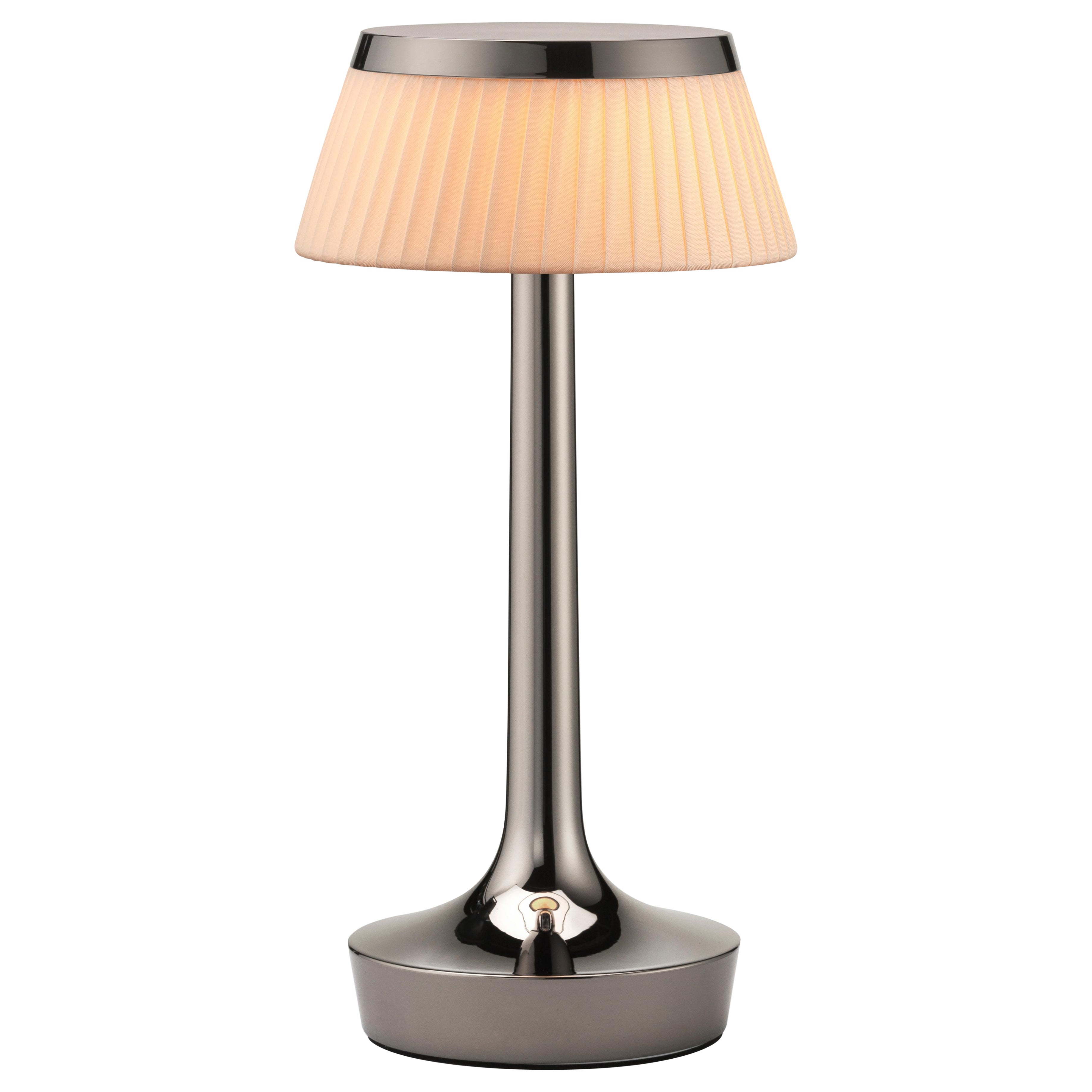Bon Jour Unplugged Table Lamp in Black Chrome & Crown in Fabric