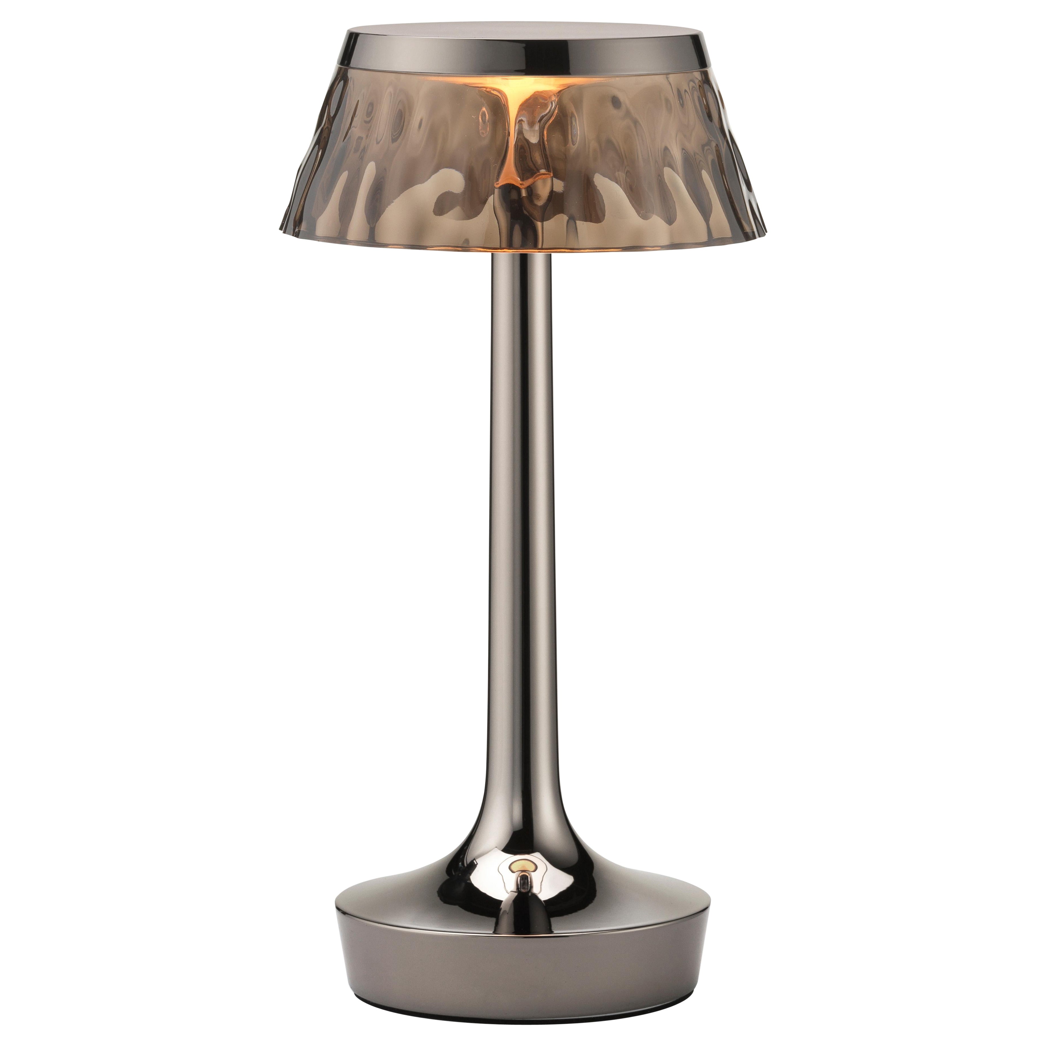 Bon Jour Unplugged Table Lamp in Black Chrome & Crown in Fumee