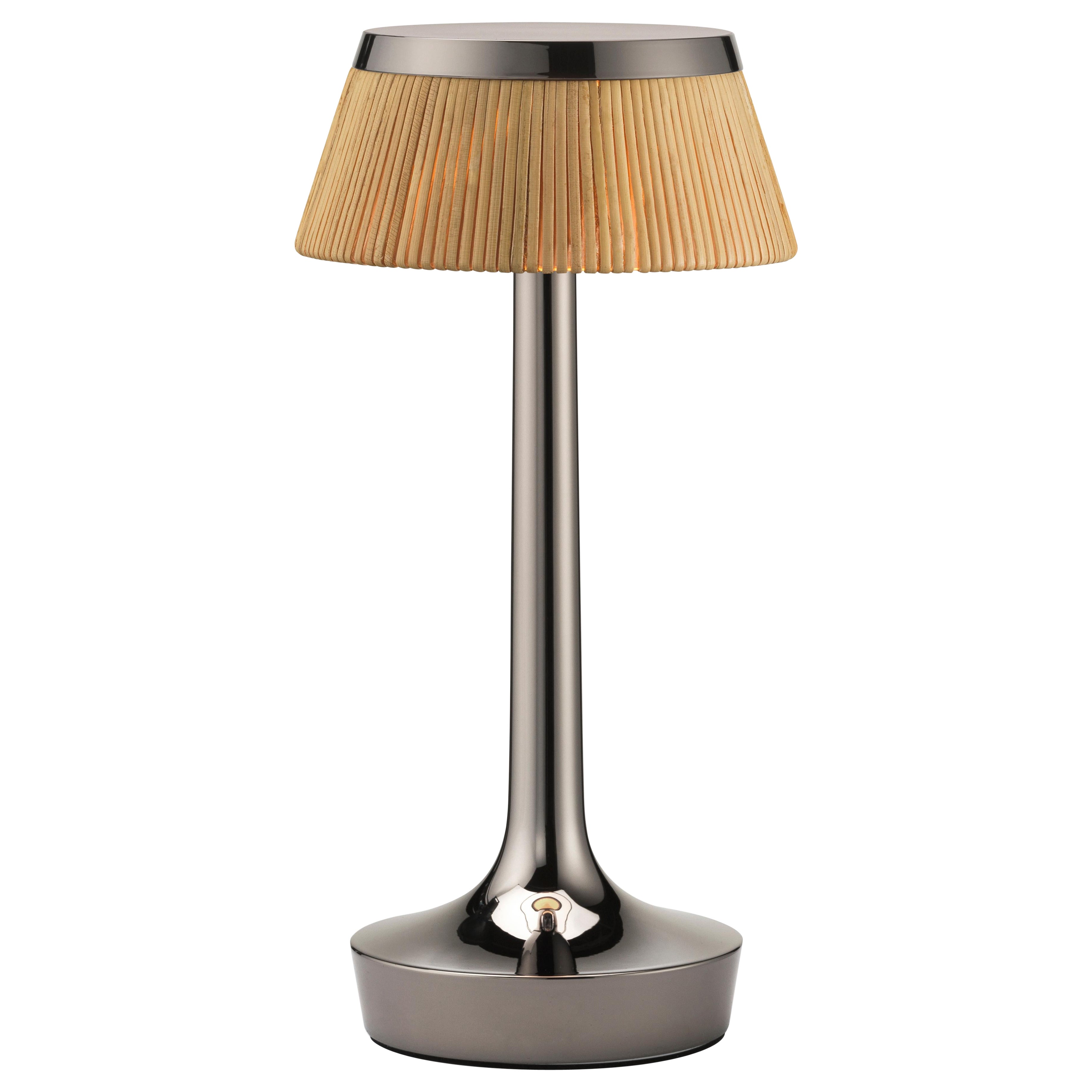 Bon Jour Unplugged Table Lamp in Black Chrome & Crown in Rattan