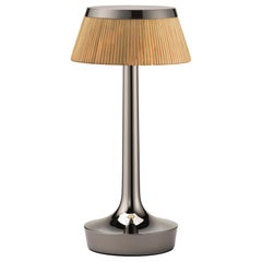 Bon Jour Unplugged Table Lamp in Black Chrome & Crown in Rattan