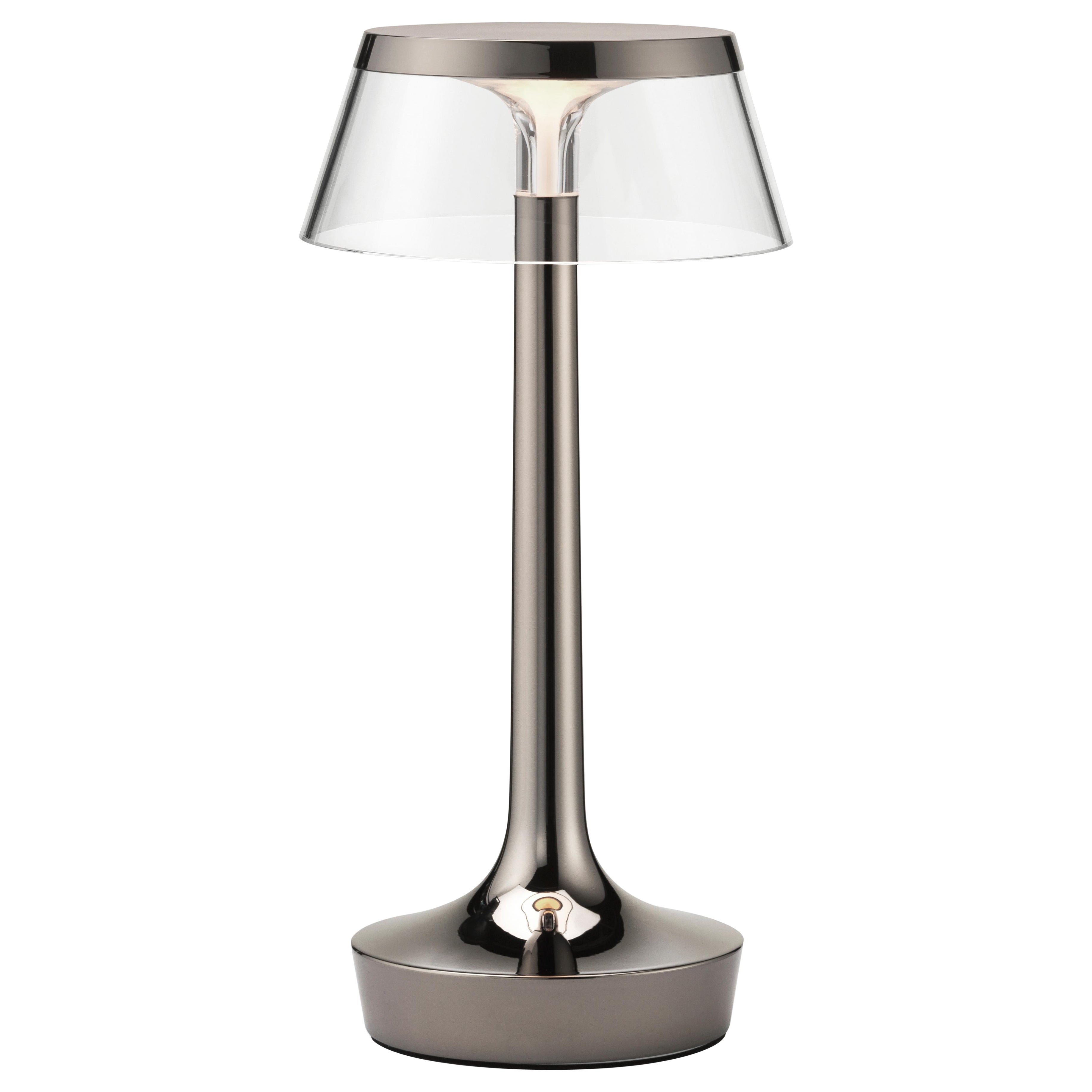 Bon Jour Unplugged Table Lamp in Black Chrome & Crown in Transaparent For Sale