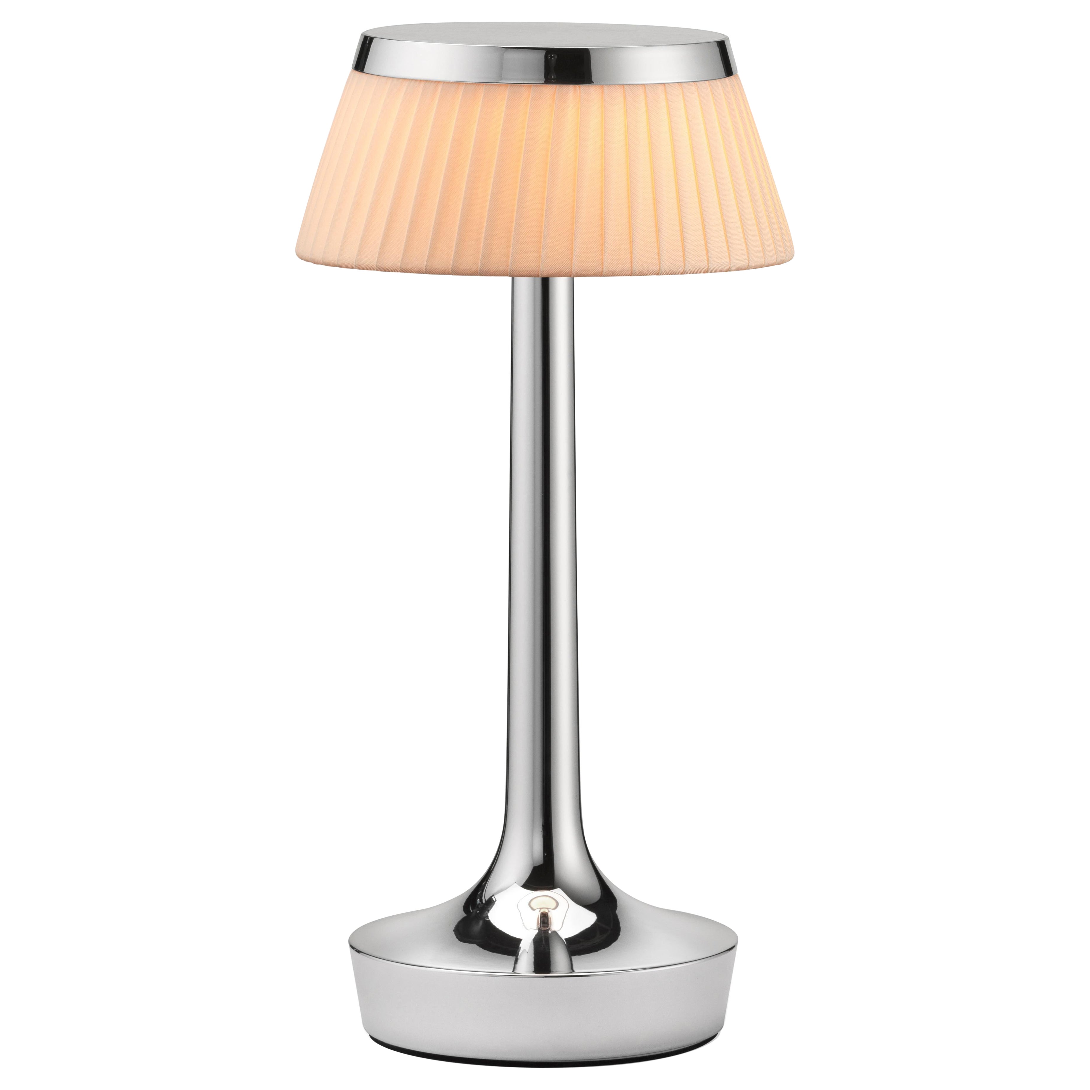 Bon Jour Unplugged Table Lamp in Chrome & Crown in Fabric For Sale