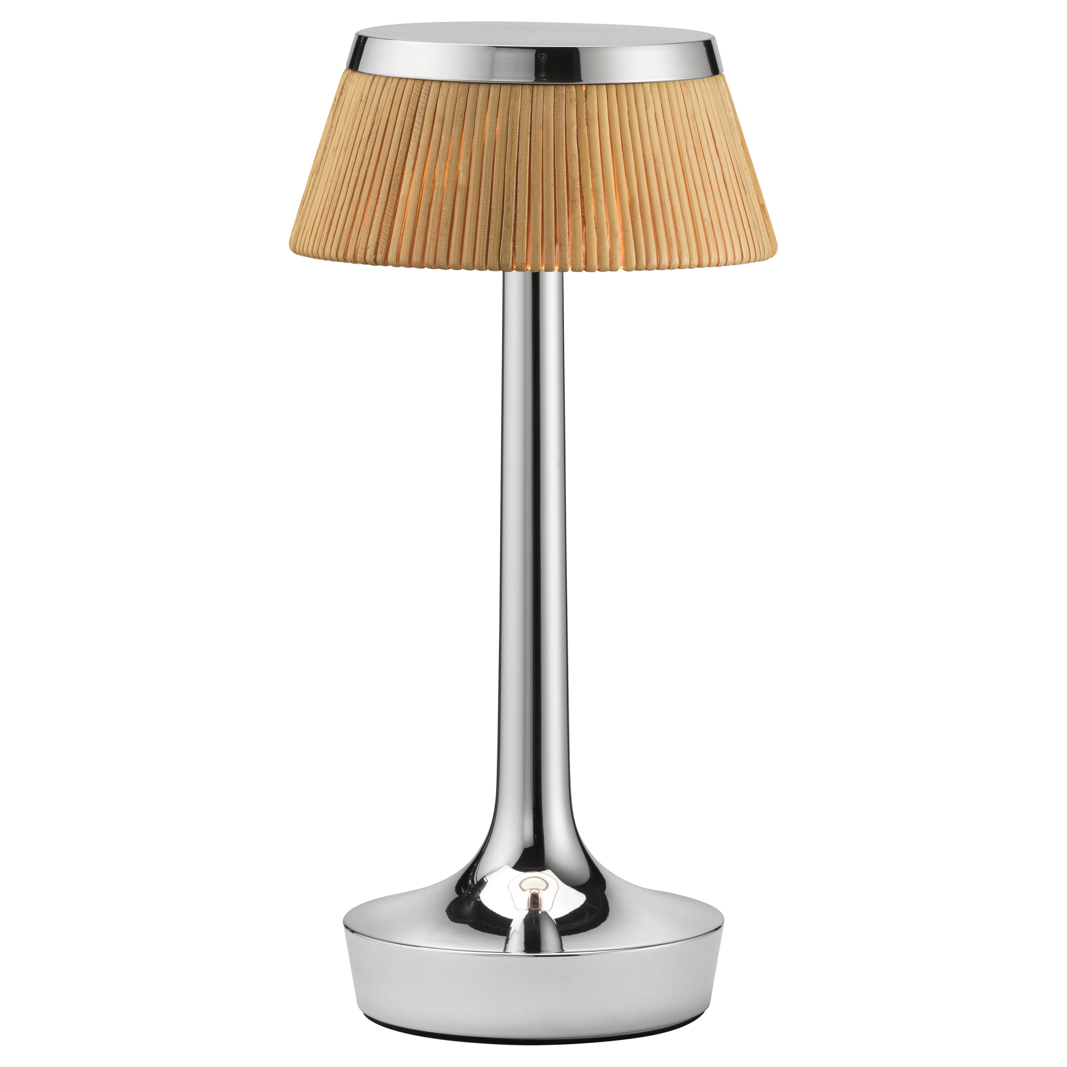 Bon Jour Unplugged Table Lamp in Chrome & Crown in Rattan