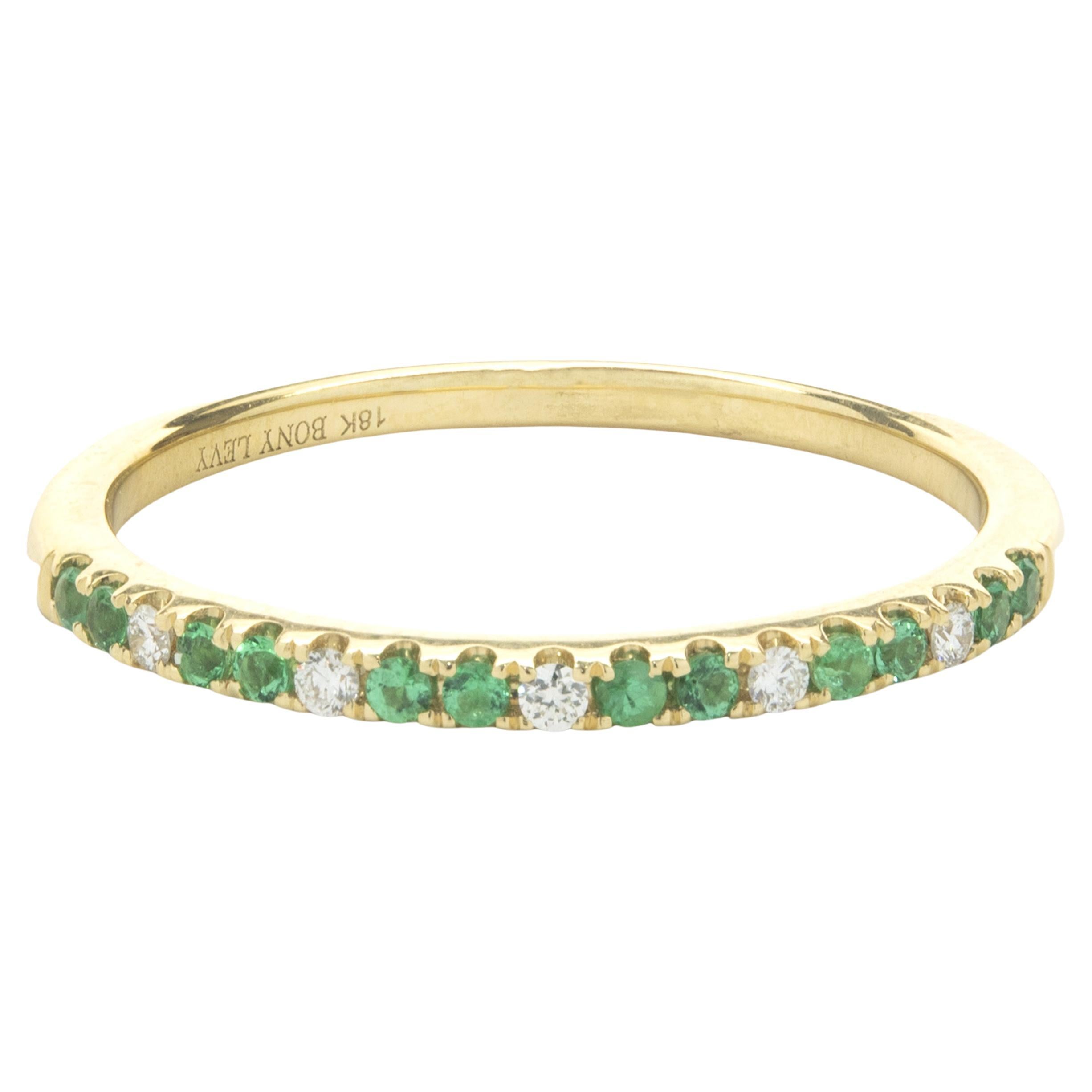 Bon Levy 18 Karat Yellow Gold Diamond and Emerald Band For Sale
