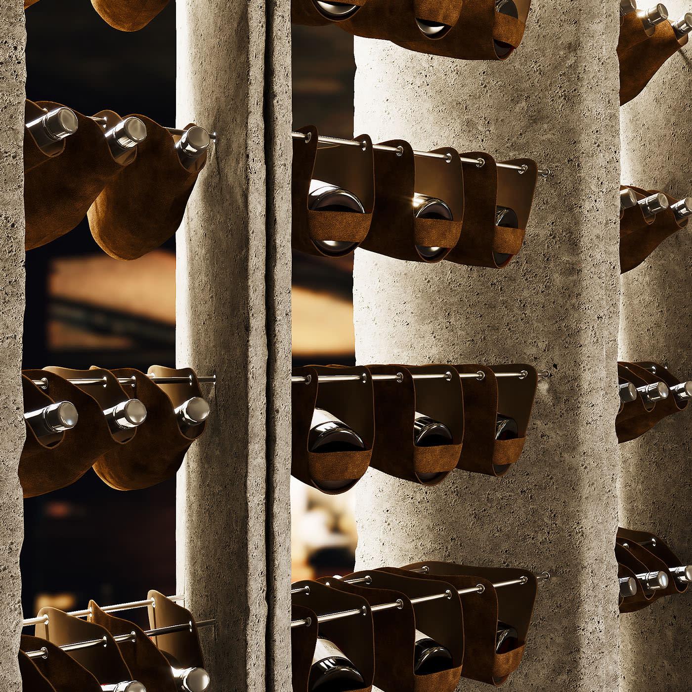 At once rustic and sophisticated, this wine cabinet is a precious design conceived for paying homage to Trentino Alto Adige. The rich wine tradition of the territory boasts merges with the clever use of local stone slabs for assembling its