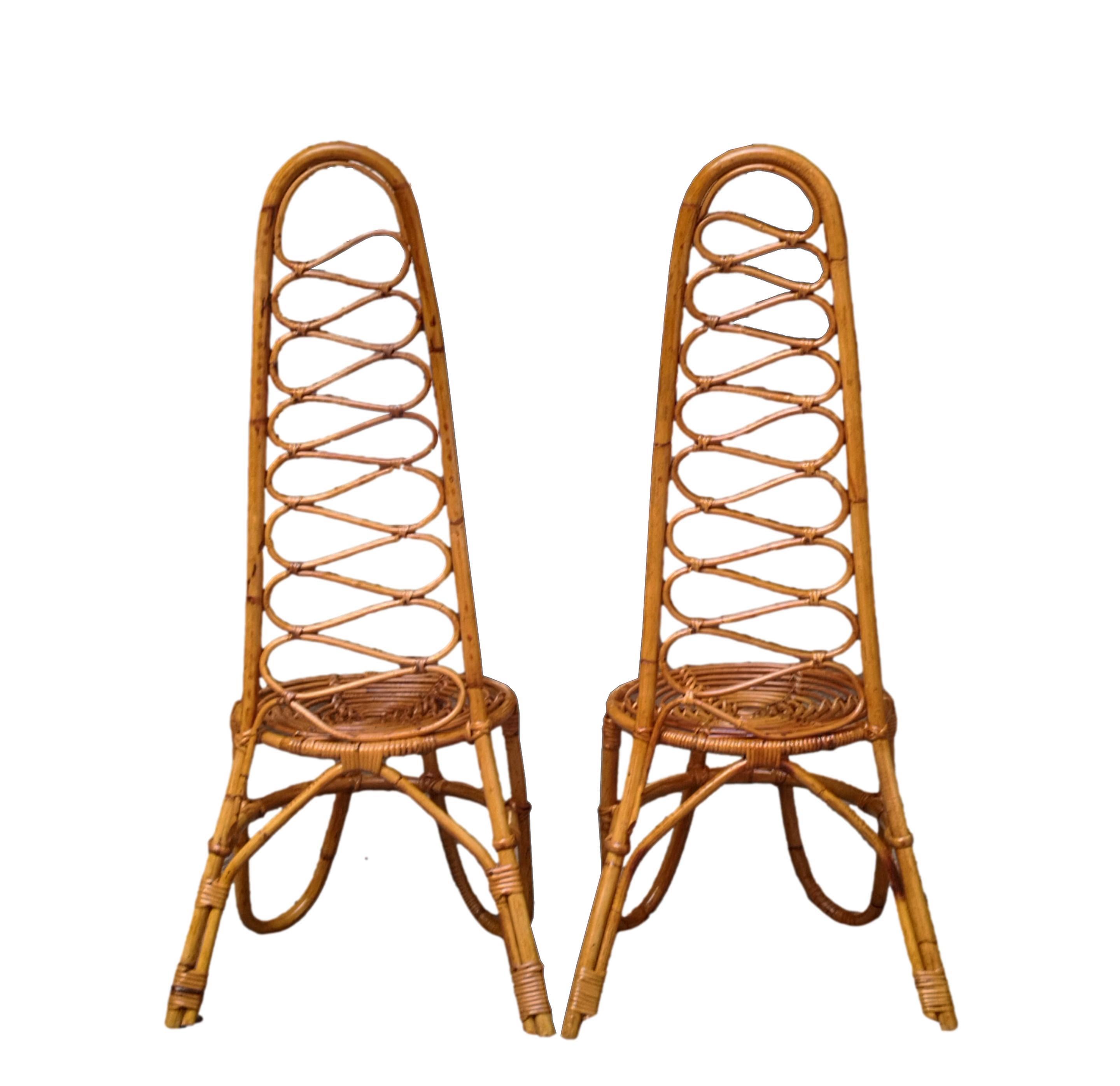 Mid-Century Modern Bonacina Attrib. Paire de chaises à dossier haut en rotin et bambou, Italie, années 1960 en vente