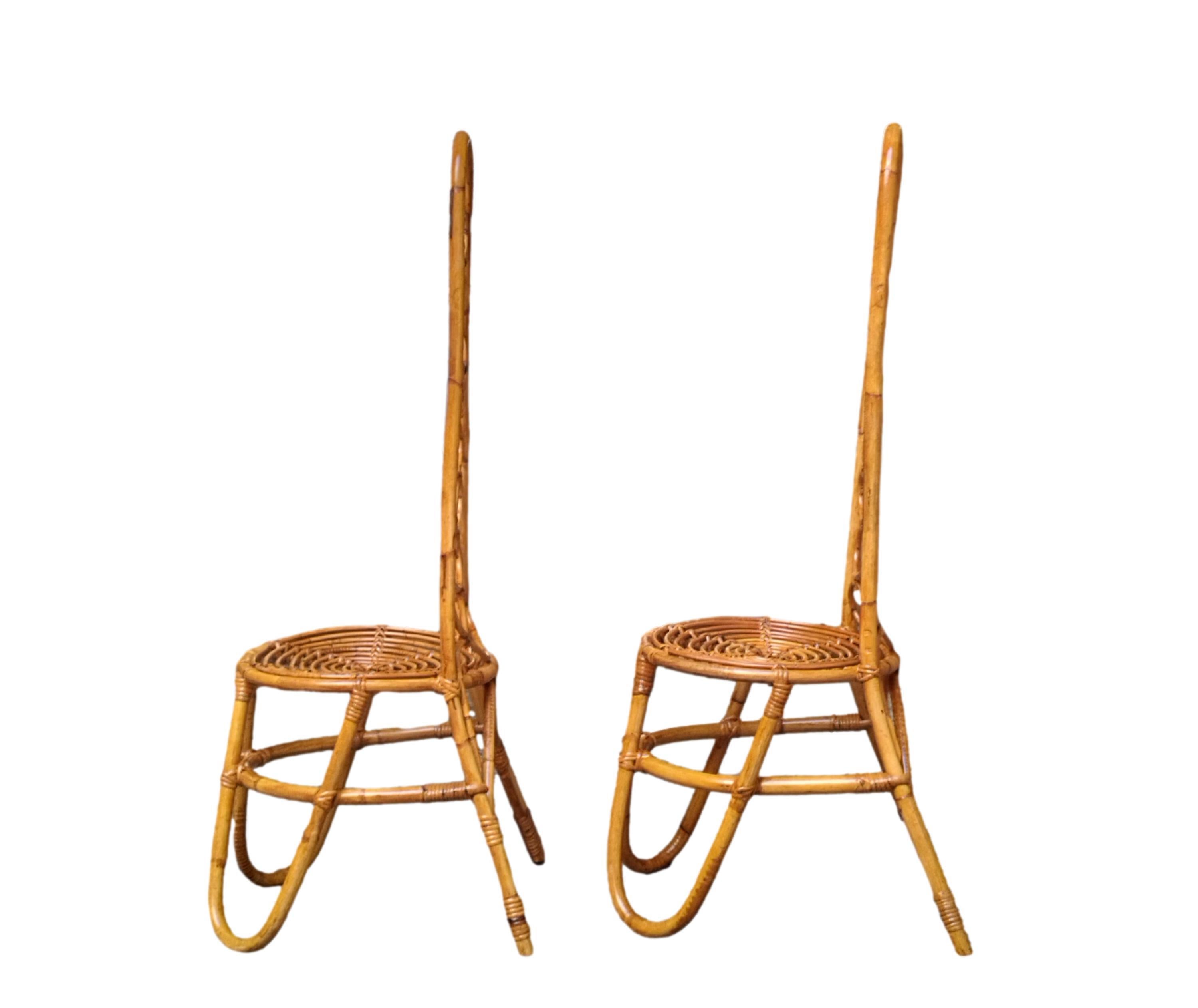 Bonacina Attrib. Paire de chaises à dossier haut en rotin et bambou, Italie, années 1960 Bon état - En vente à Naples, IT