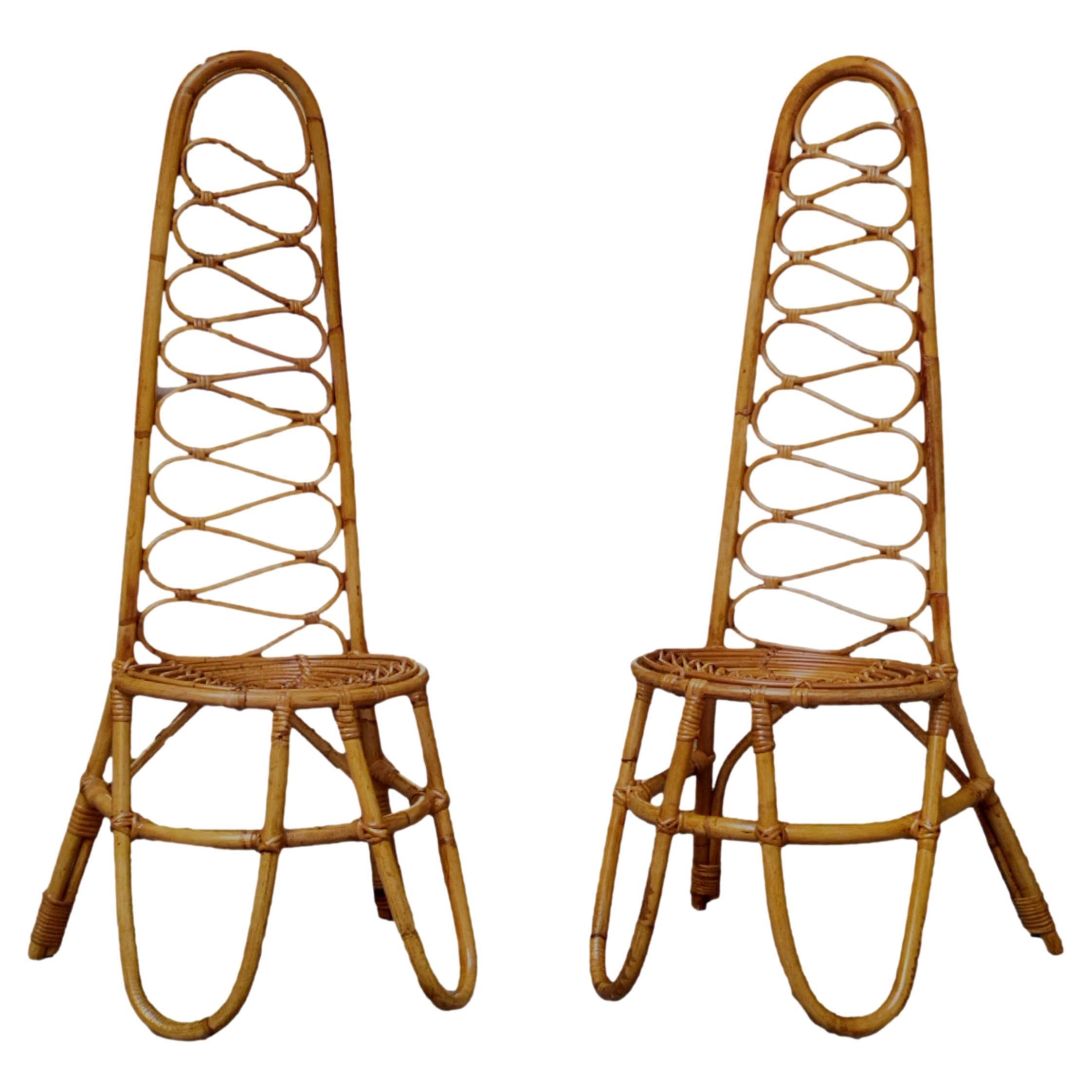 Bonacina Attrib. Pair of Rattan and Bamboo Hight-Backed Chairs, Italy, 1960s For Sale