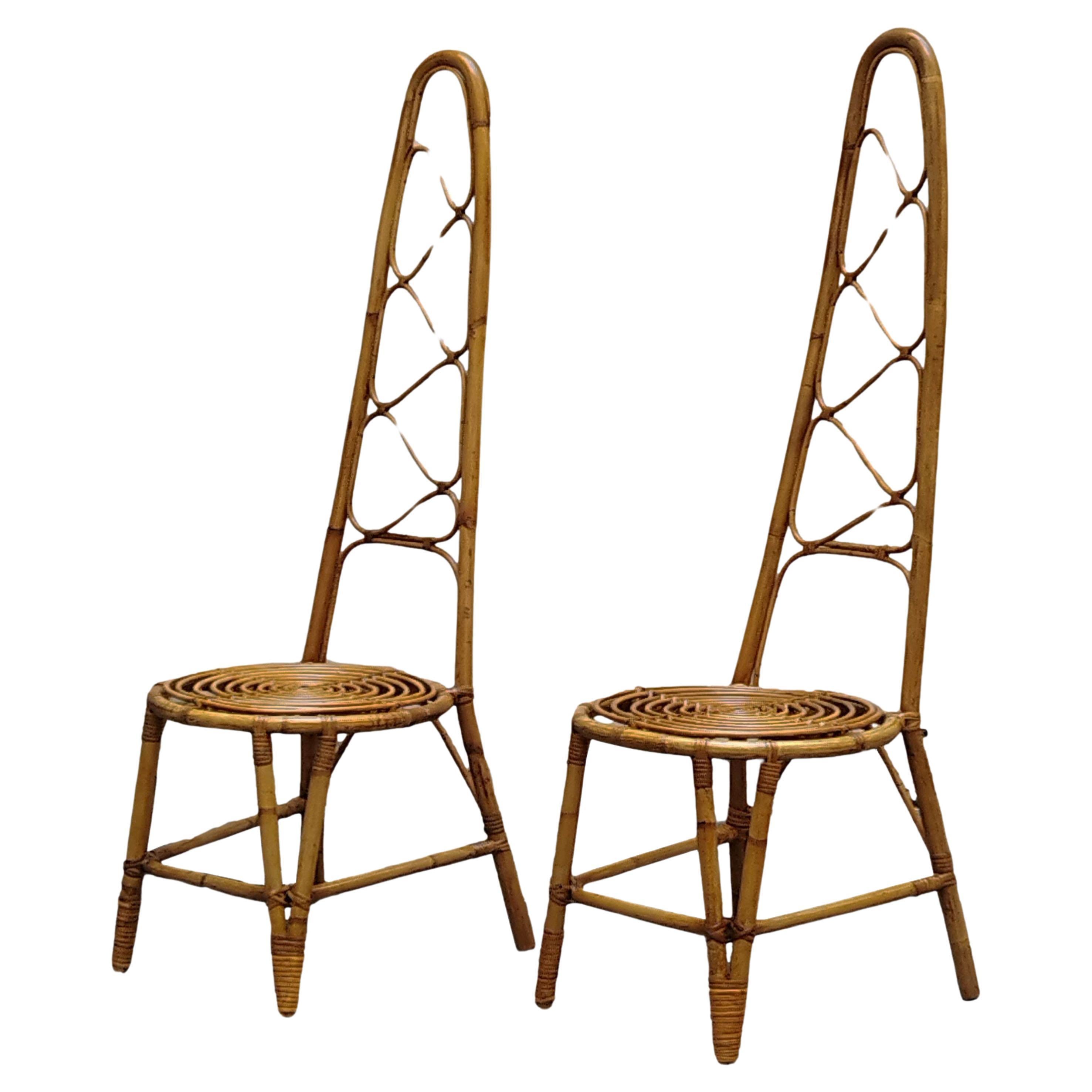 Bonacina Attrib. Pair of Rattan and Bamboo Hight-Backed Chairs, Italy, 1960s For Sale
