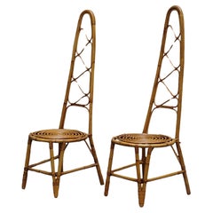 Retro Bonacina Attrib. Pair of Rattan and Bamboo Hight-Backed Chairs, Italy, 1960s