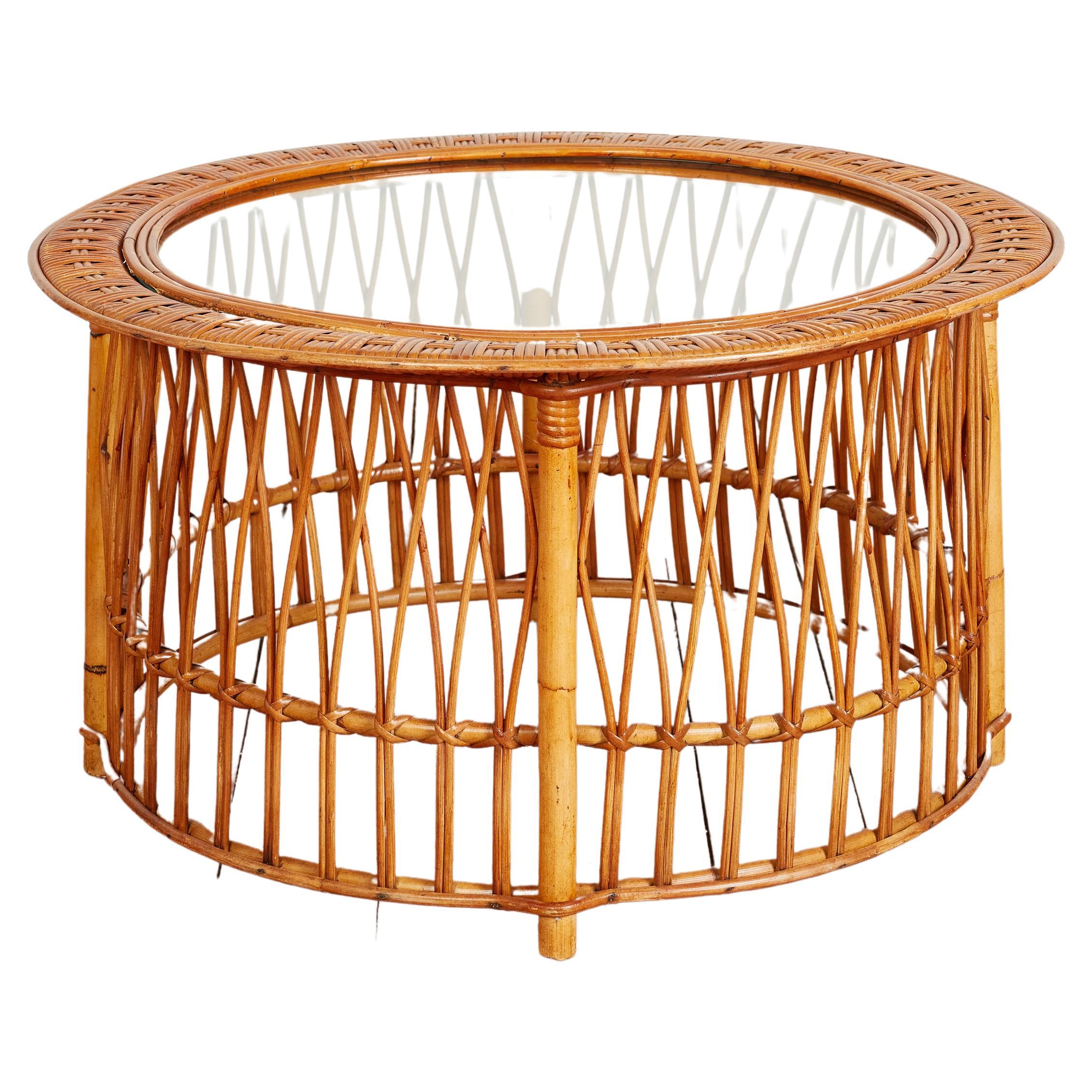 1960's Italian bamboo coffee table with glass top and drum shape. 
Attributed to Boncaina - 
New glass 