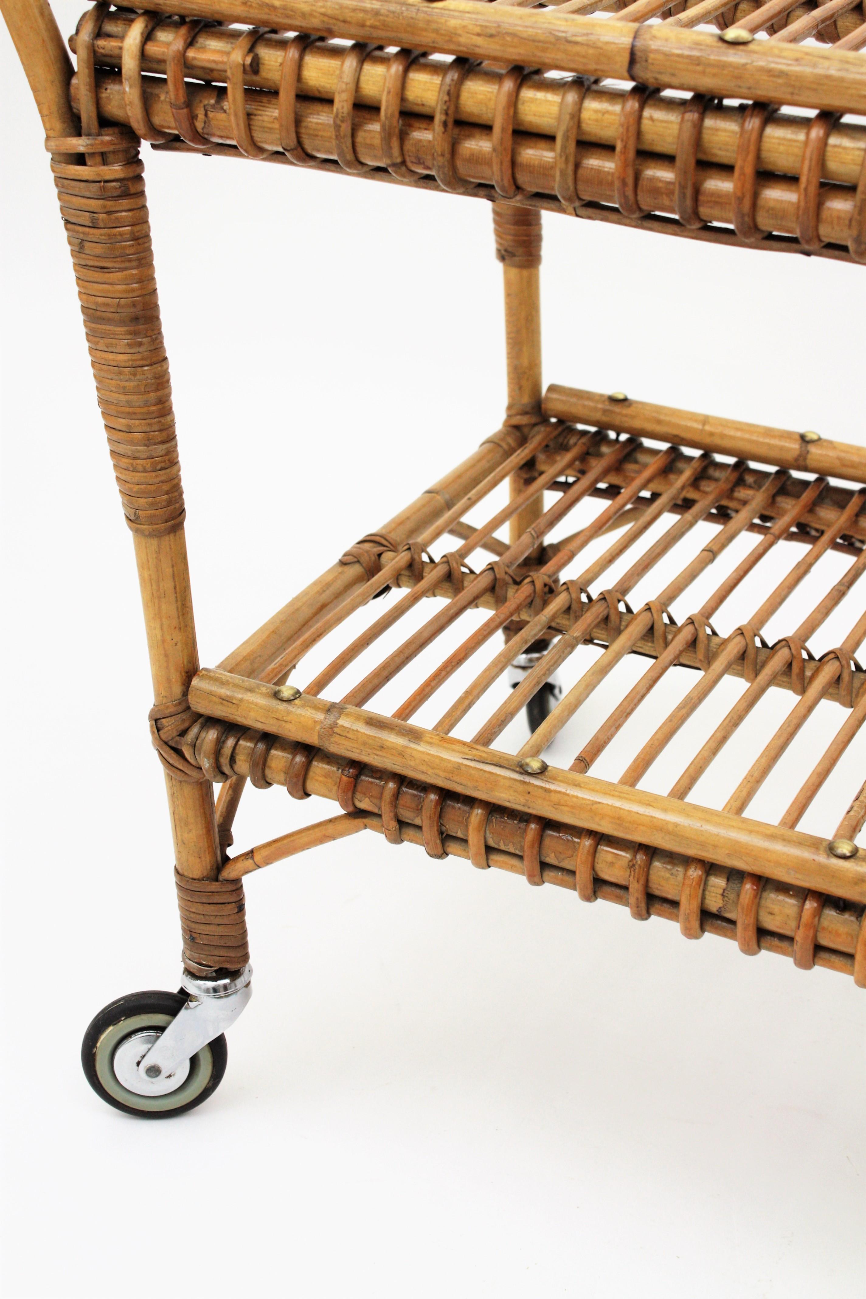 Rattan and Bamboo Bar Cart or Cocktail Trolley, Italy, 1950s 5