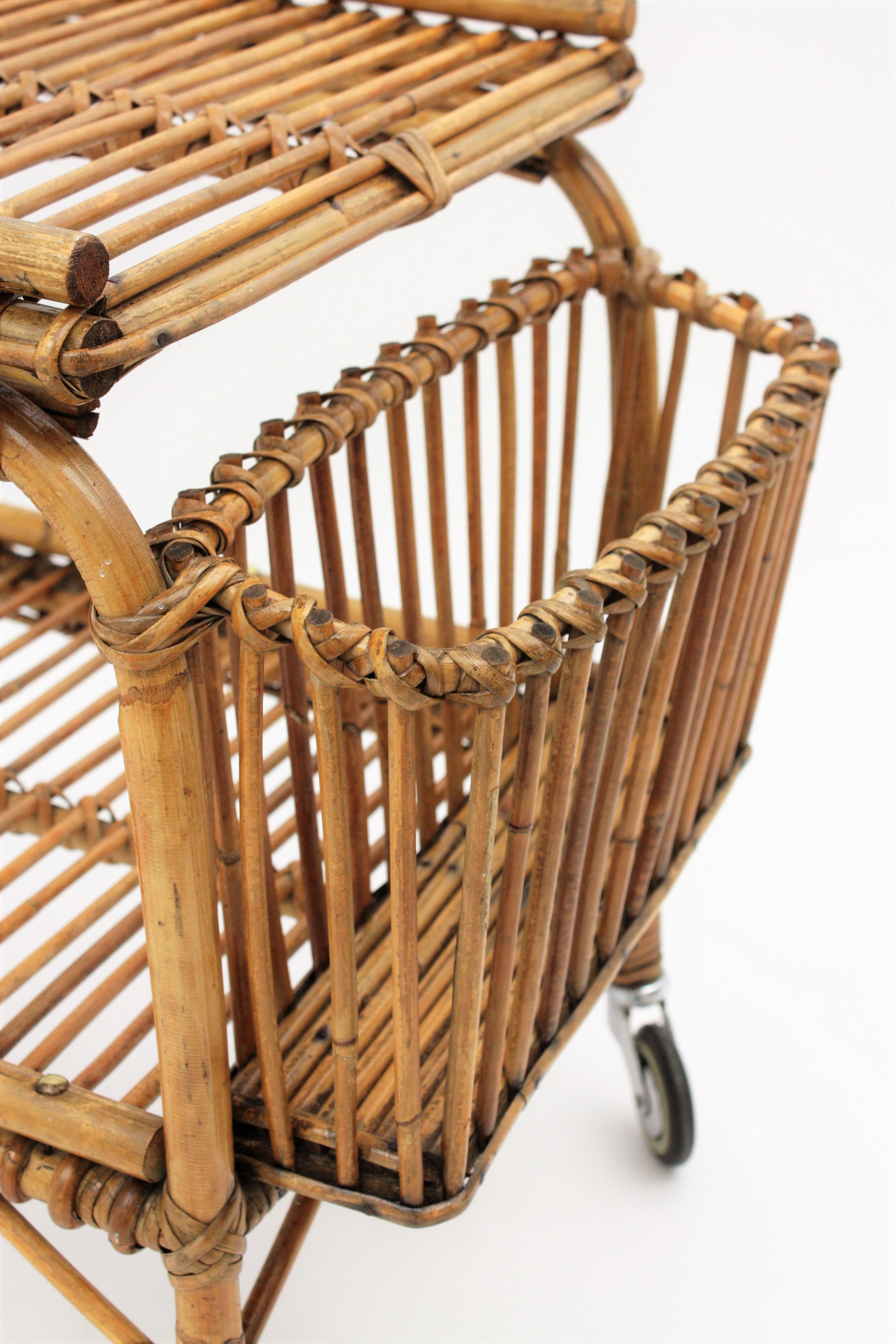 Rattan and Bamboo Bar Cart or Cocktail Trolley, Italy, 1950s 7