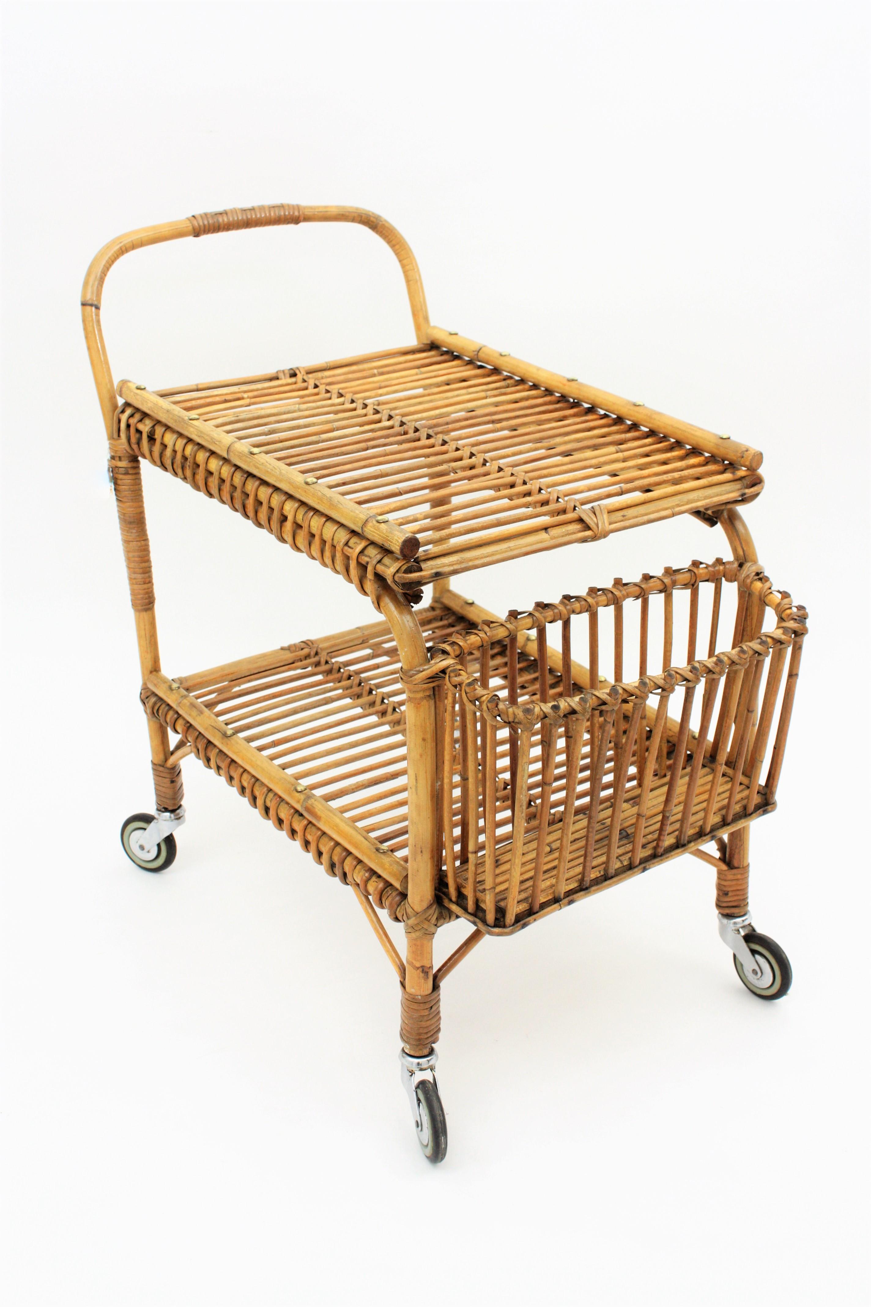 Rattan and Bamboo Bar Cart or Cocktail Trolley, Italy, 1950s 8