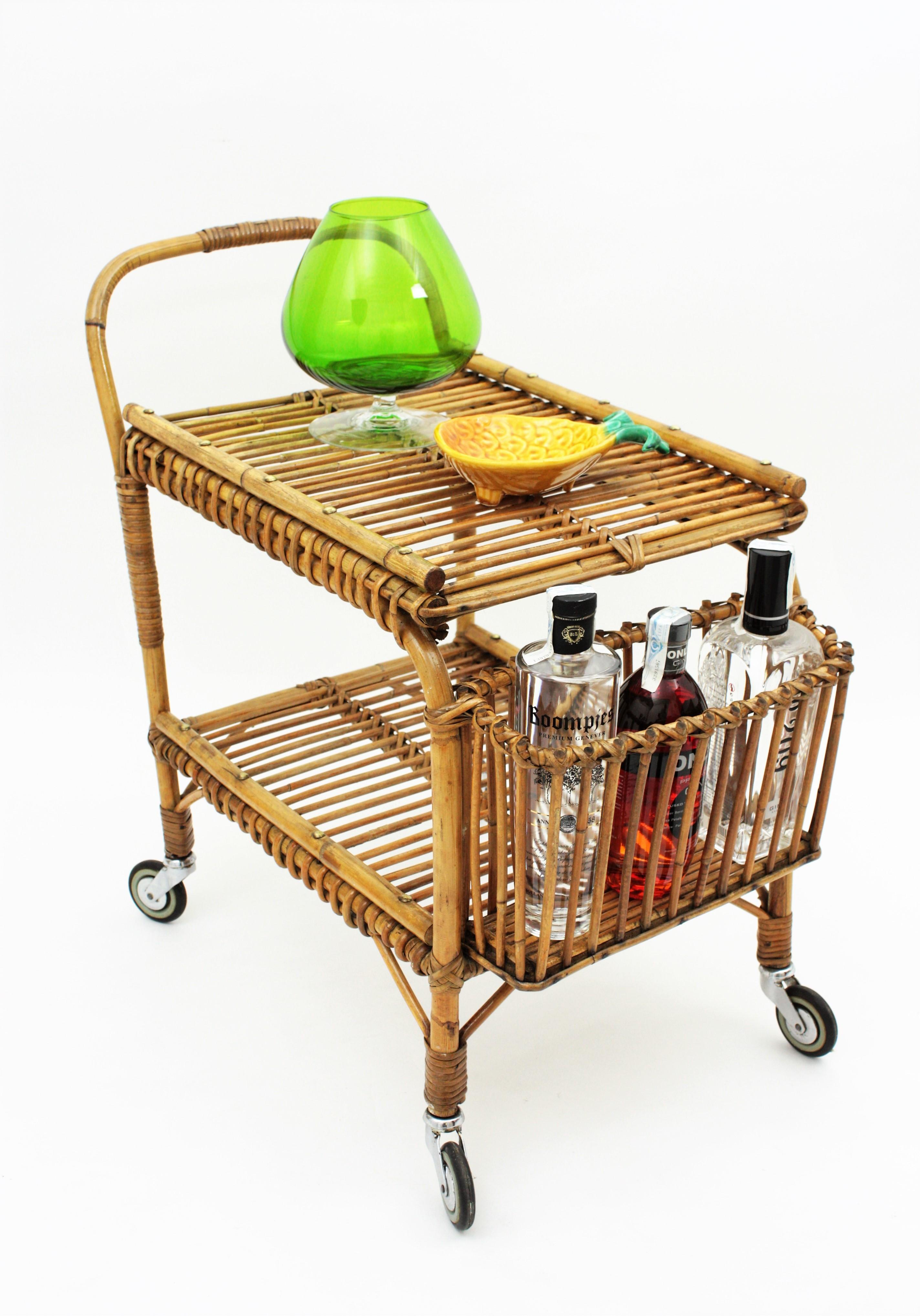 Italian Rattan and Bamboo Bar Cart or Cocktail Trolley, Italy, 1950s