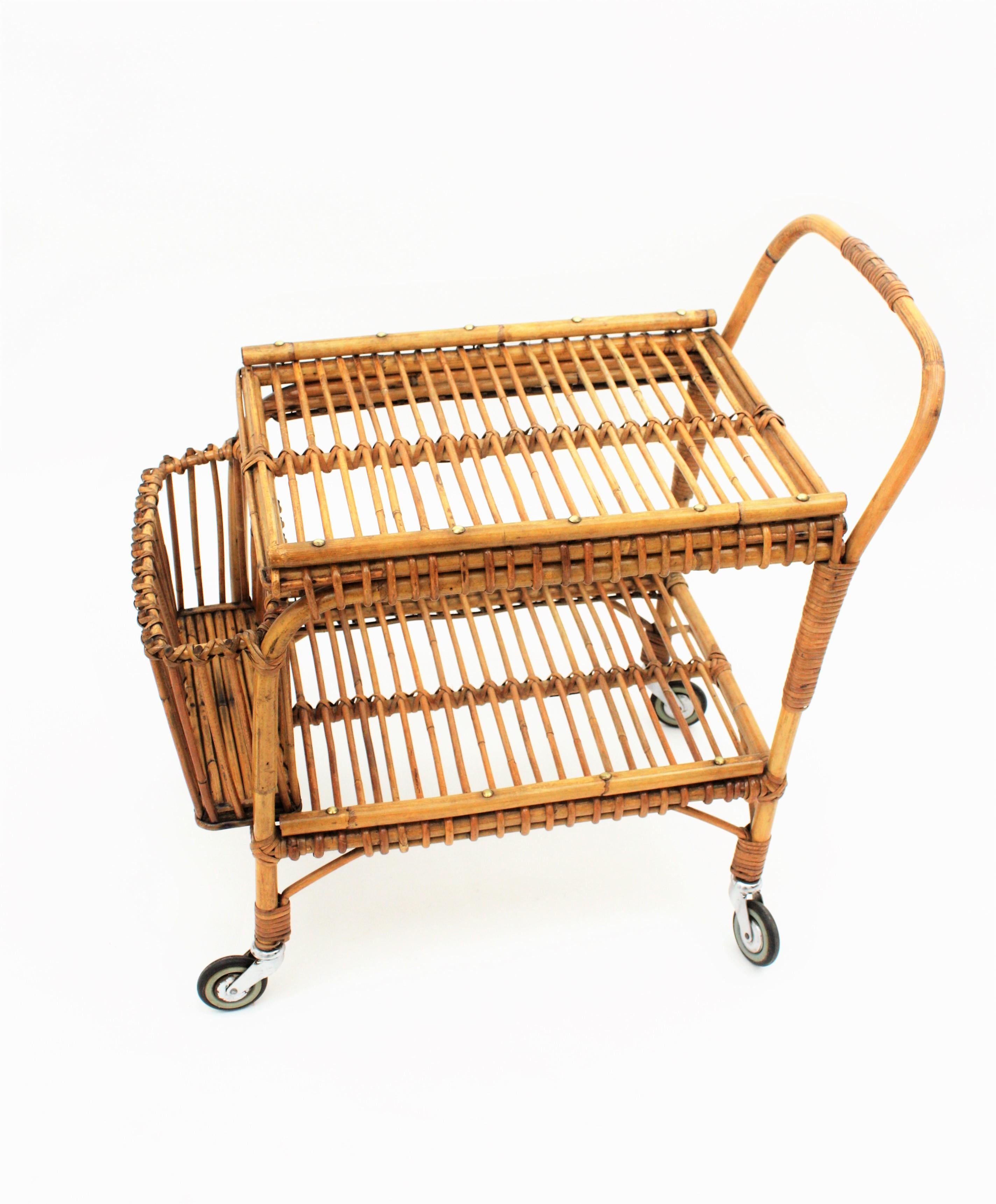 20th Century Rattan and Bamboo Bar Cart or Cocktail Trolley, Italy, 1950s