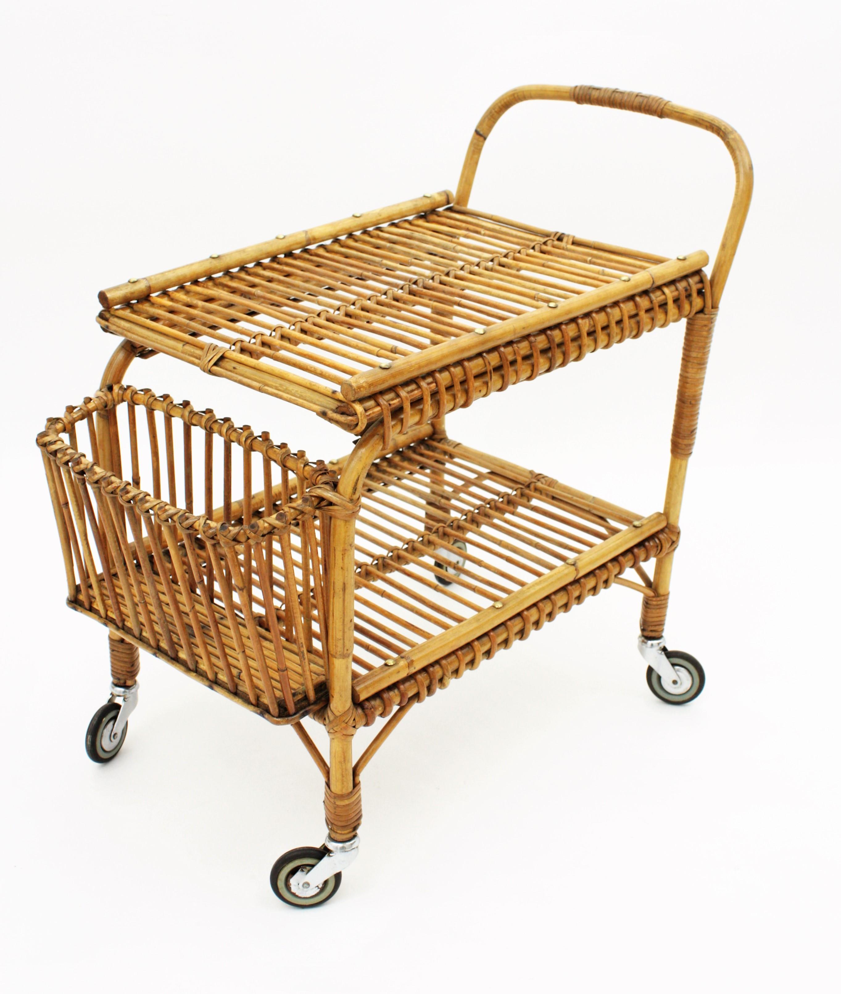 Rattan and Bamboo Bar Cart or Cocktail Trolley, Italy, 1950s 1